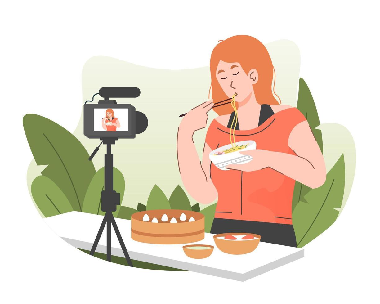 Woman food vlogger eating noodles while recording video for her online video channel. Content creator sharing online food review using camera. Food blogger concept vector