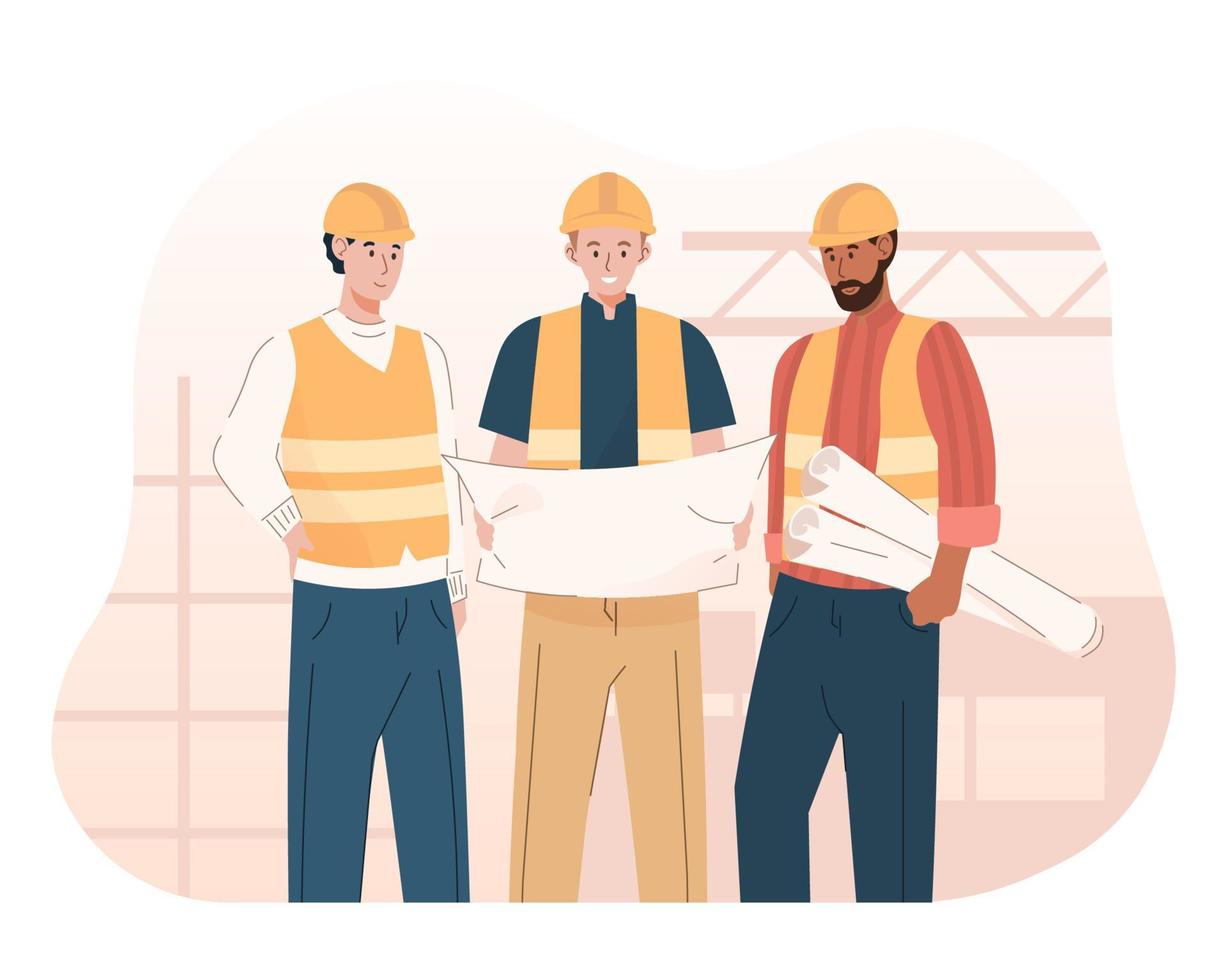 trabajador de la construcción con plano. concepto de industria de la construcción. personajes de dibujos animados de contratista e ingeniero vector