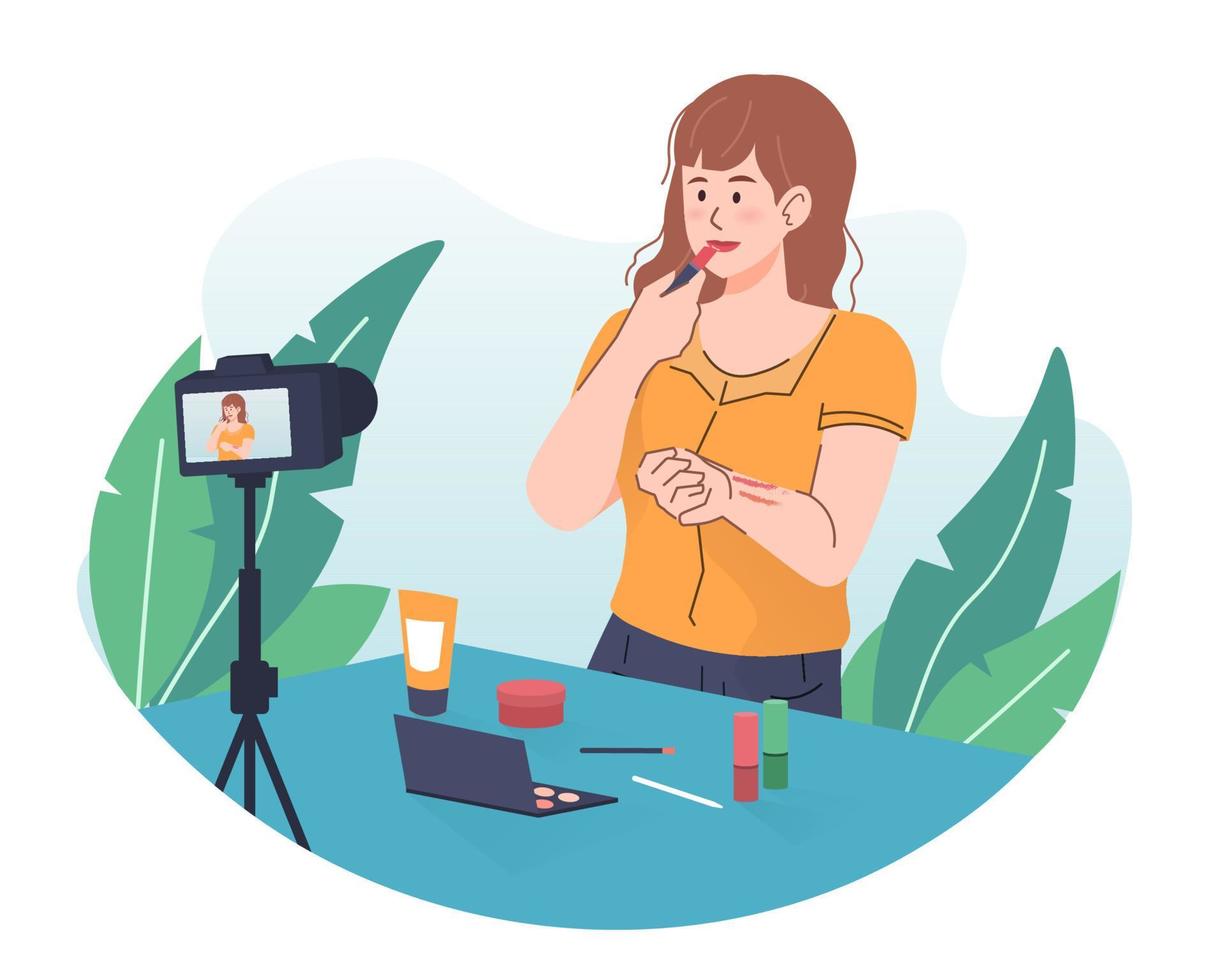 Young woman vlogger recording makeup tutorial using camera. Beauty blogger showing cosmetic products vector
