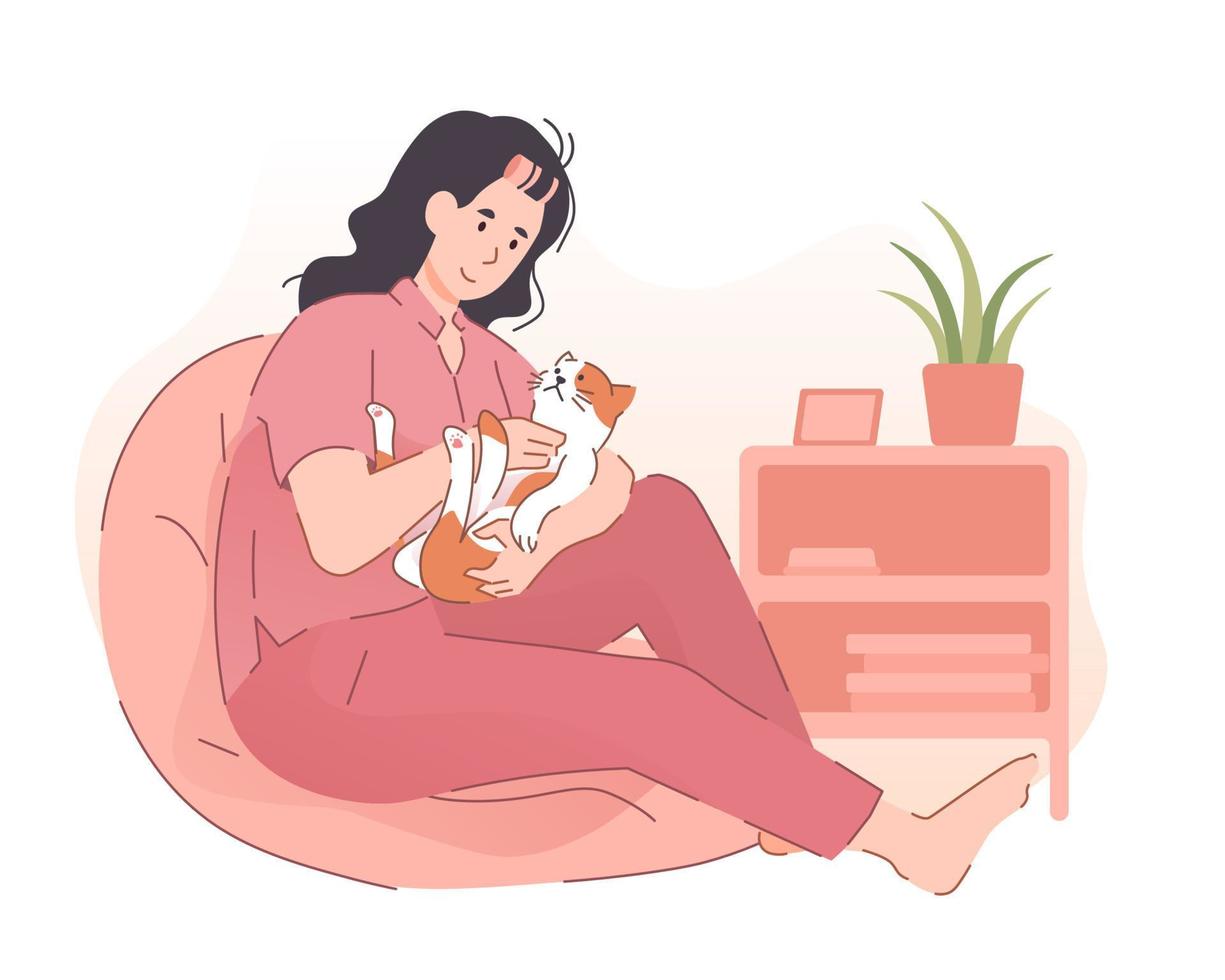 mujer abrazando a su lindo gato en casa. gente pasando tiempo con mascota vector