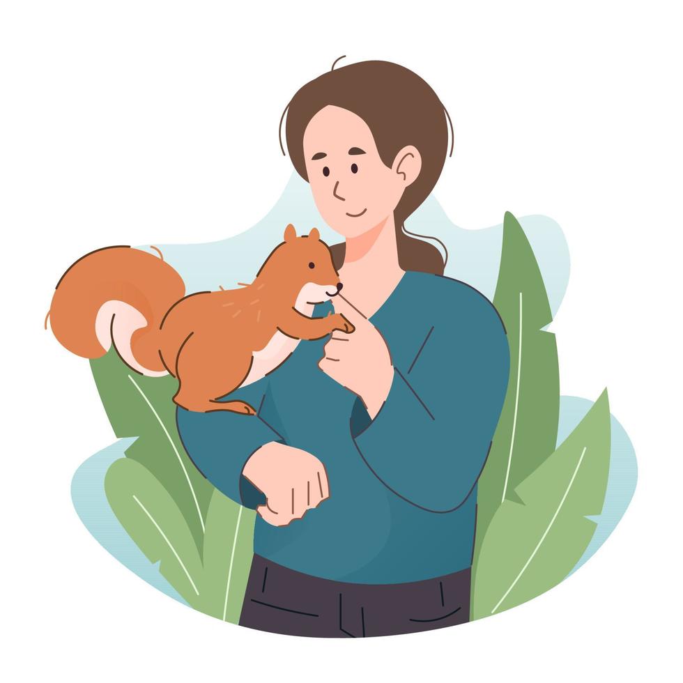 Woman with squirrel. People having fun with pet vector