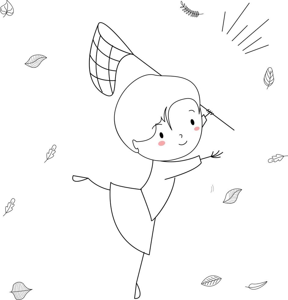 niños felices de dibujos animados dibujados a mano, vector de stock - ilustración de imaginación, una niña que lleva una red para atrapar insectos