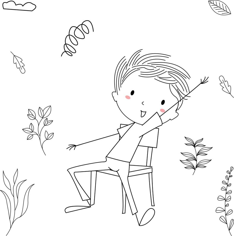 Hand Drawn Cartoon Happy Kids, Stock Vector - Imagination illustration, boy sitting on a chair after waking up