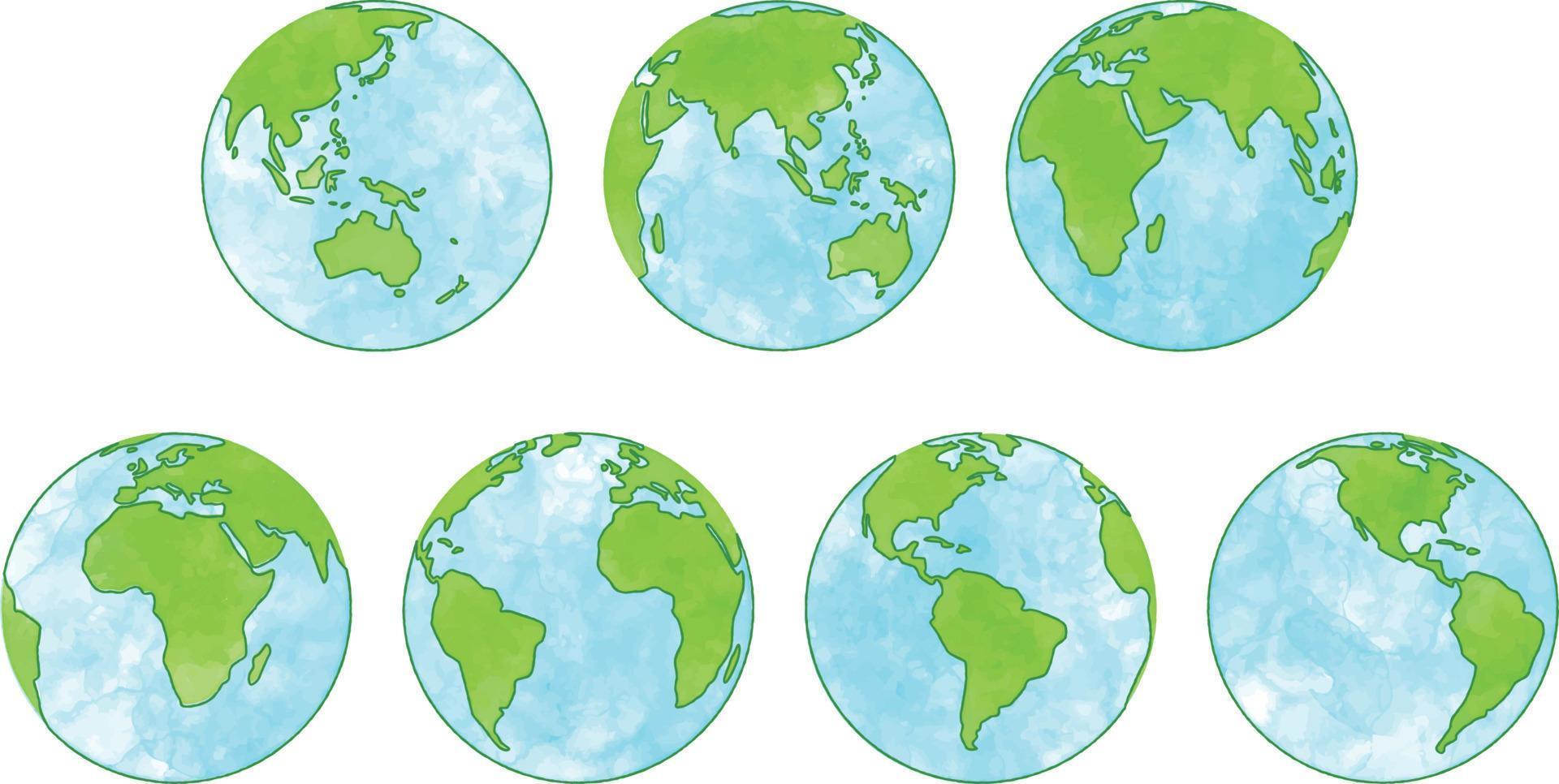 set of green earth globes. watercolor illustration vector