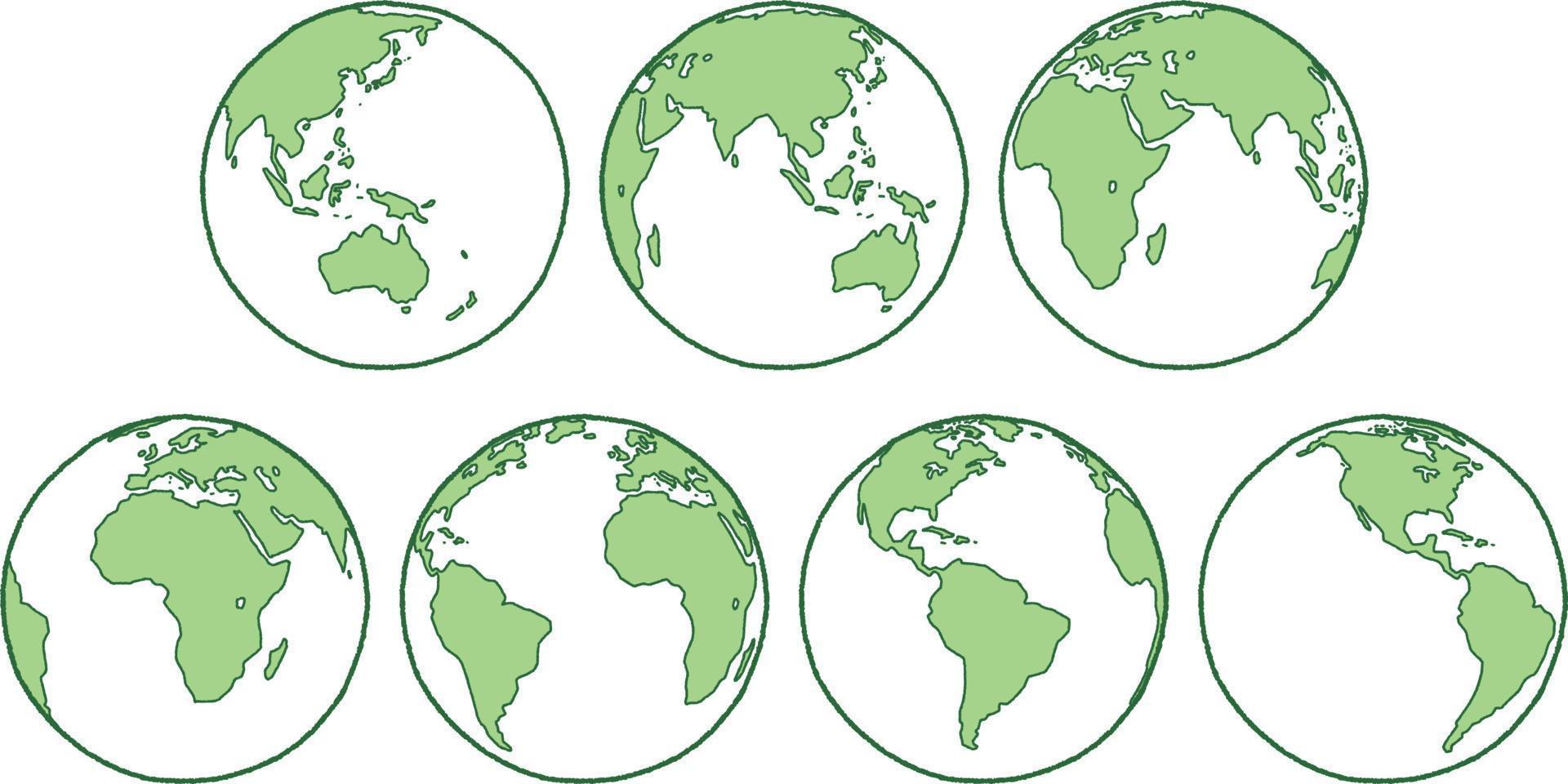 set of green earth globes. hand drawn illustration by crayon vector