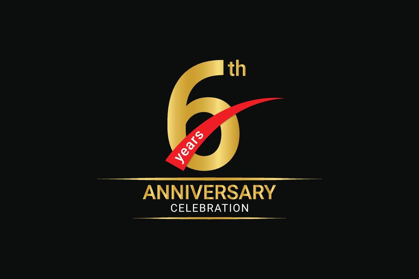 6th years anniversary golden number and red ribbon with banner design. vector