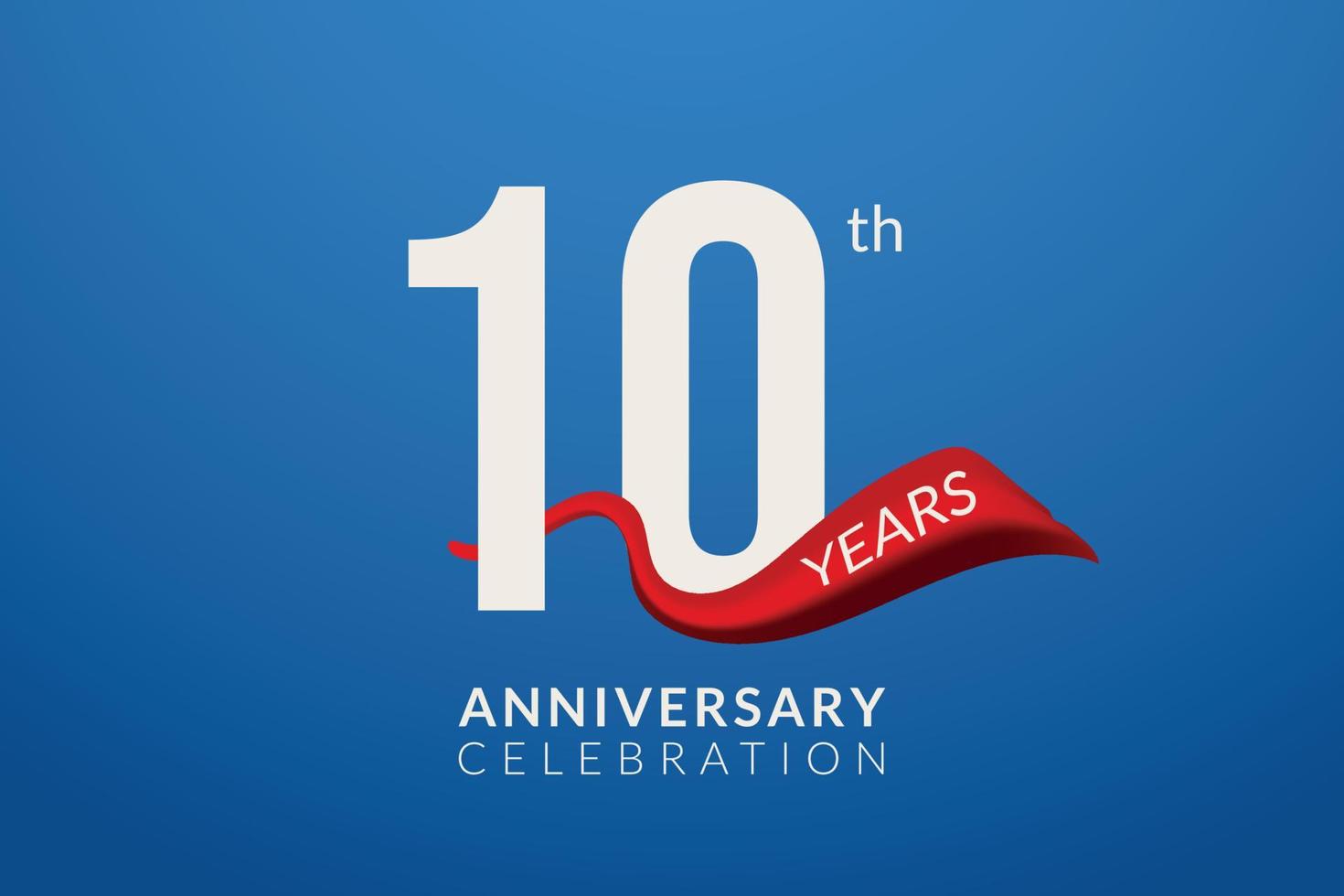 10th years anniversary with numbers and curved red ribbon. vector