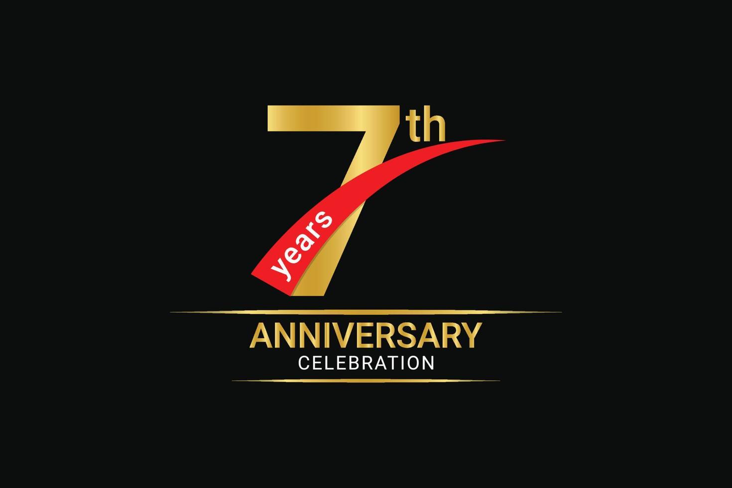 7th years anniversary golden number and red ribbon with banner design. vector