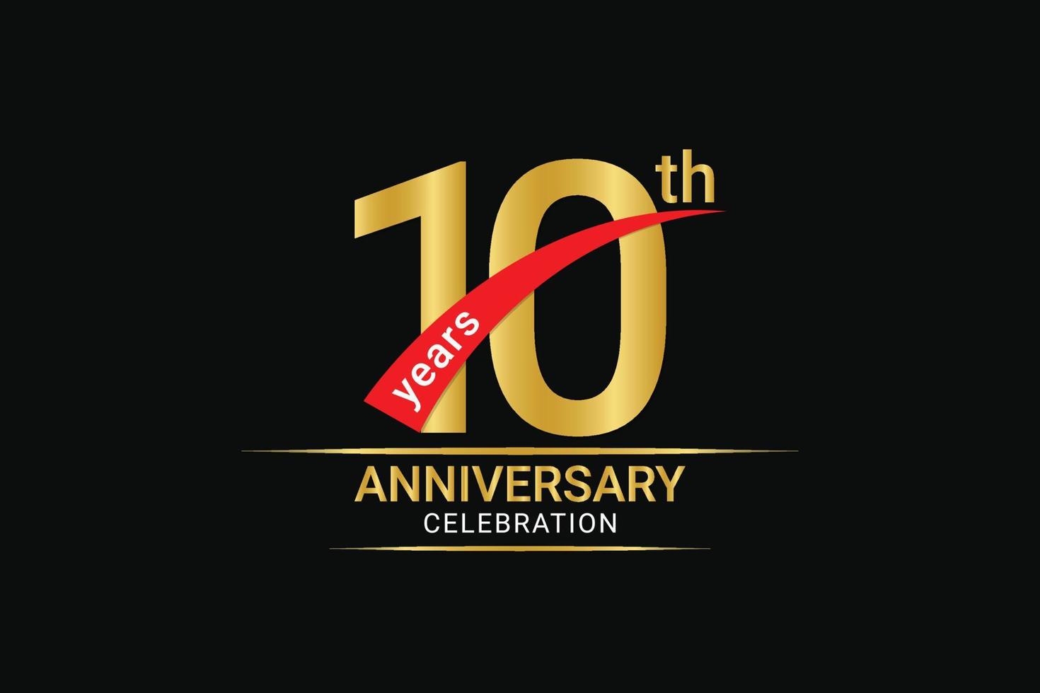 10th years anniversary golden number and red ribbon with banner design. vector