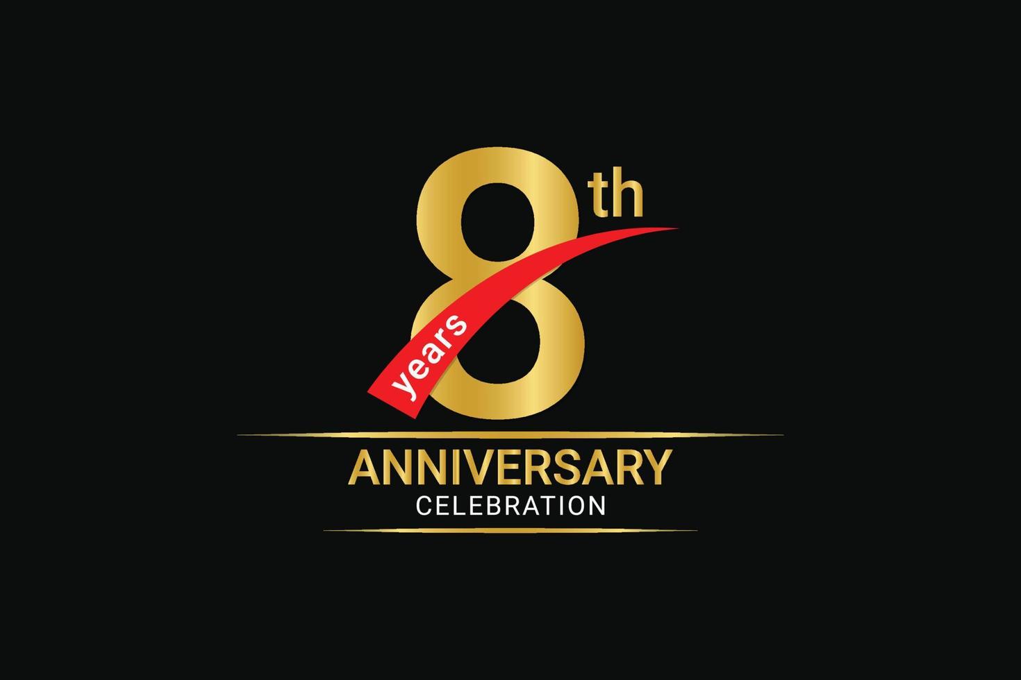 8th years anniversary golden number and red ribbon with banner design. vector