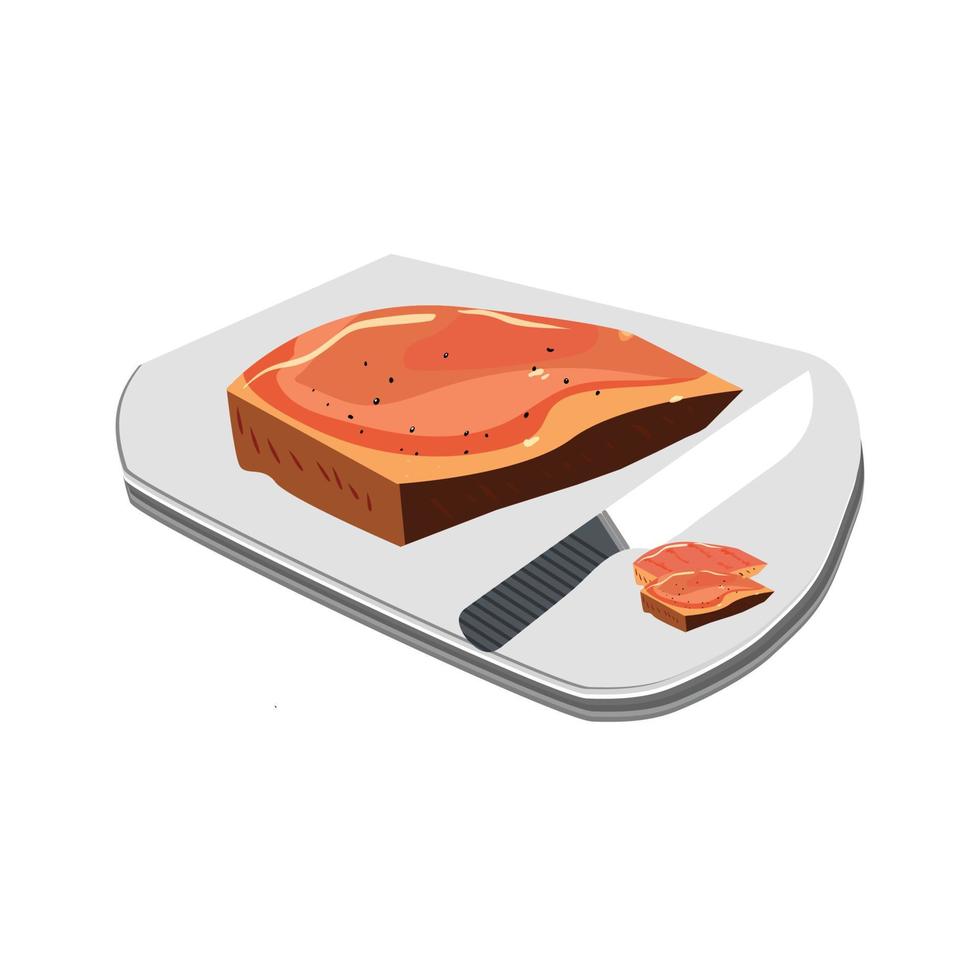 Vector cartoon flat pieces of meat on cutting board with knife isolated on empty