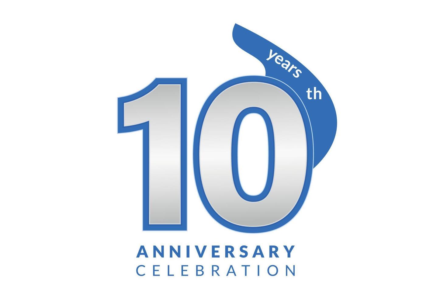 10th years anniversary with numbers and curved blue ribbon. vector