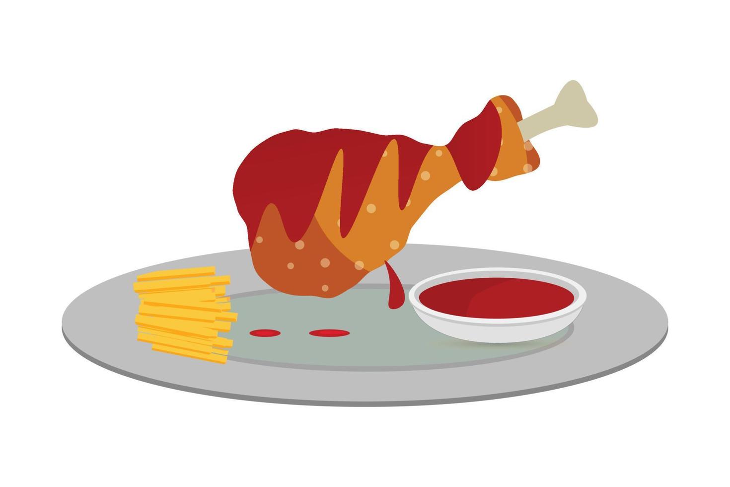 Chicken Fried And French Fry with tomato sauce Vector illustration.