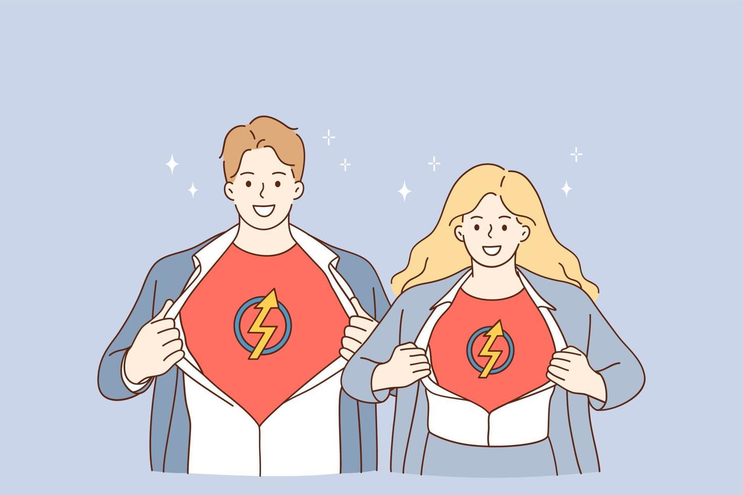 equipo de negocios y concepto de cooperación exitosa. socios de hombres y mujeres de negocios jóvenes de pie juntos y mostrando el signo de superman en los cofres que significa fuerza de unión vector