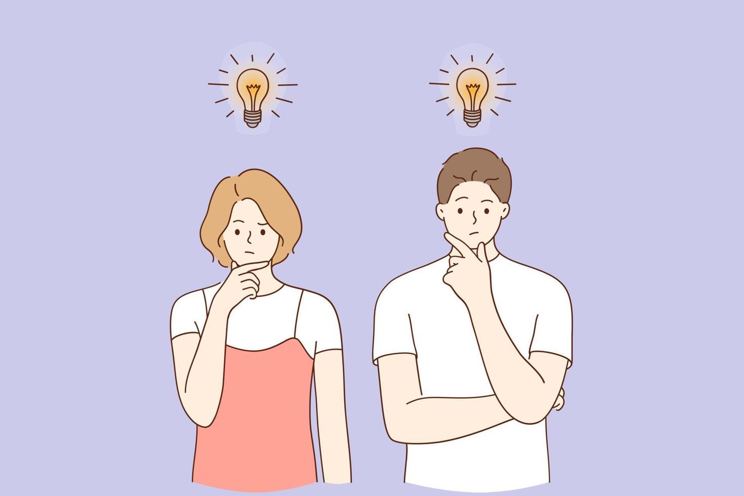 Innovation, new ideas, creativity concept. Creative man and woman standing thinking with light bulbs above meaning new opportunities, ideas, creative business projects and development illustration vector