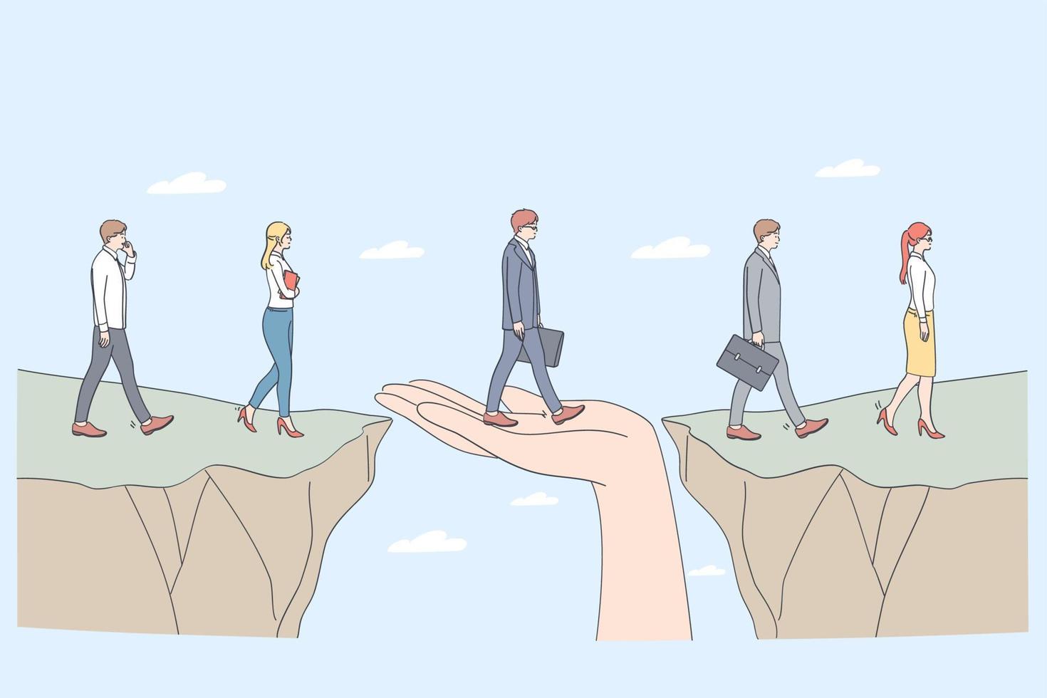Protection and partnership concept. Human hand helping business people to step from one side to another supporting as help service assistance with insurance care vector illustration