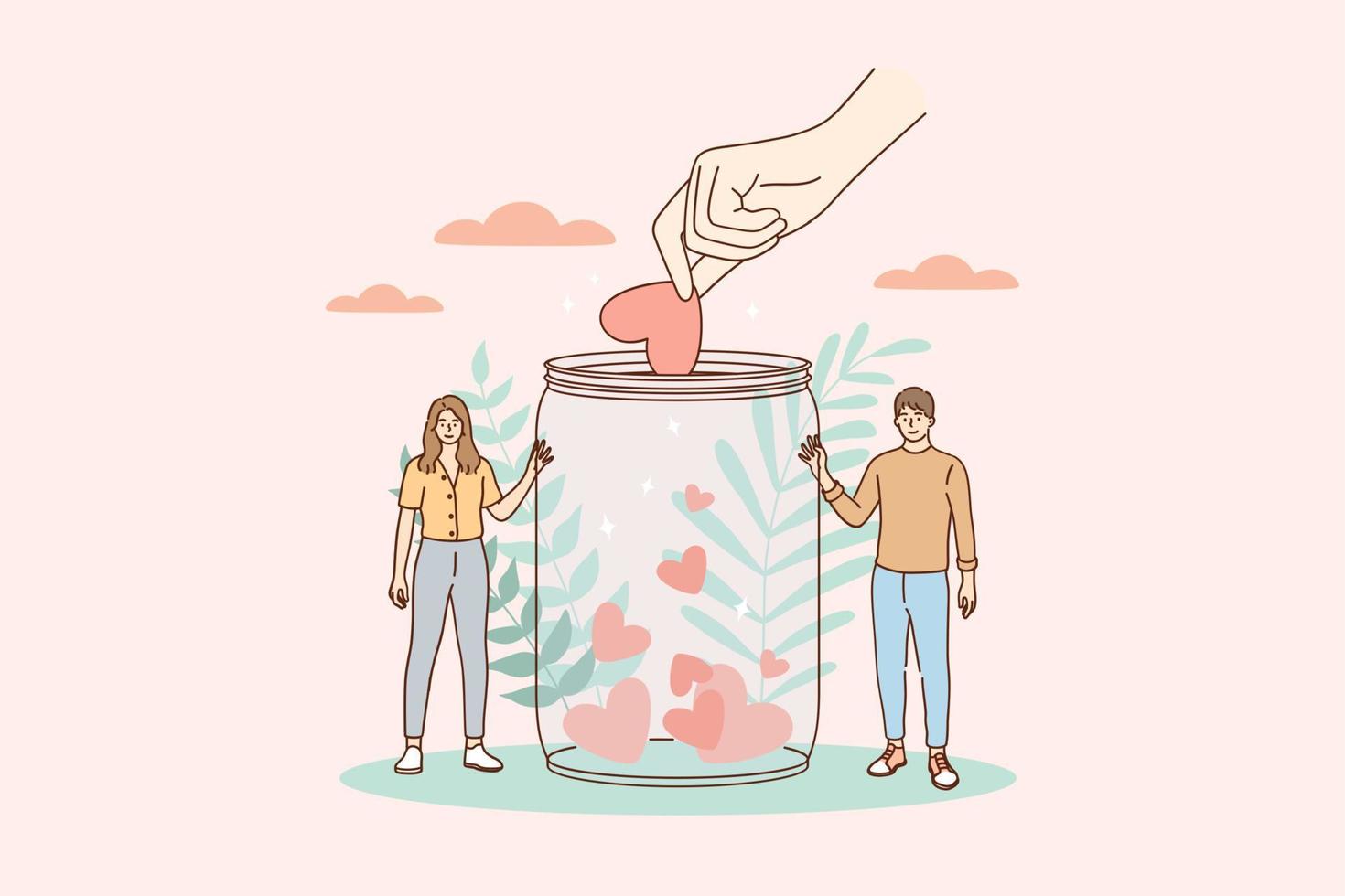 Support, volunteering, charity concept. Young smiling man and woman cartoon characters standing with donation jar collecting heart symbols with giving hand for charity helping campaign vector