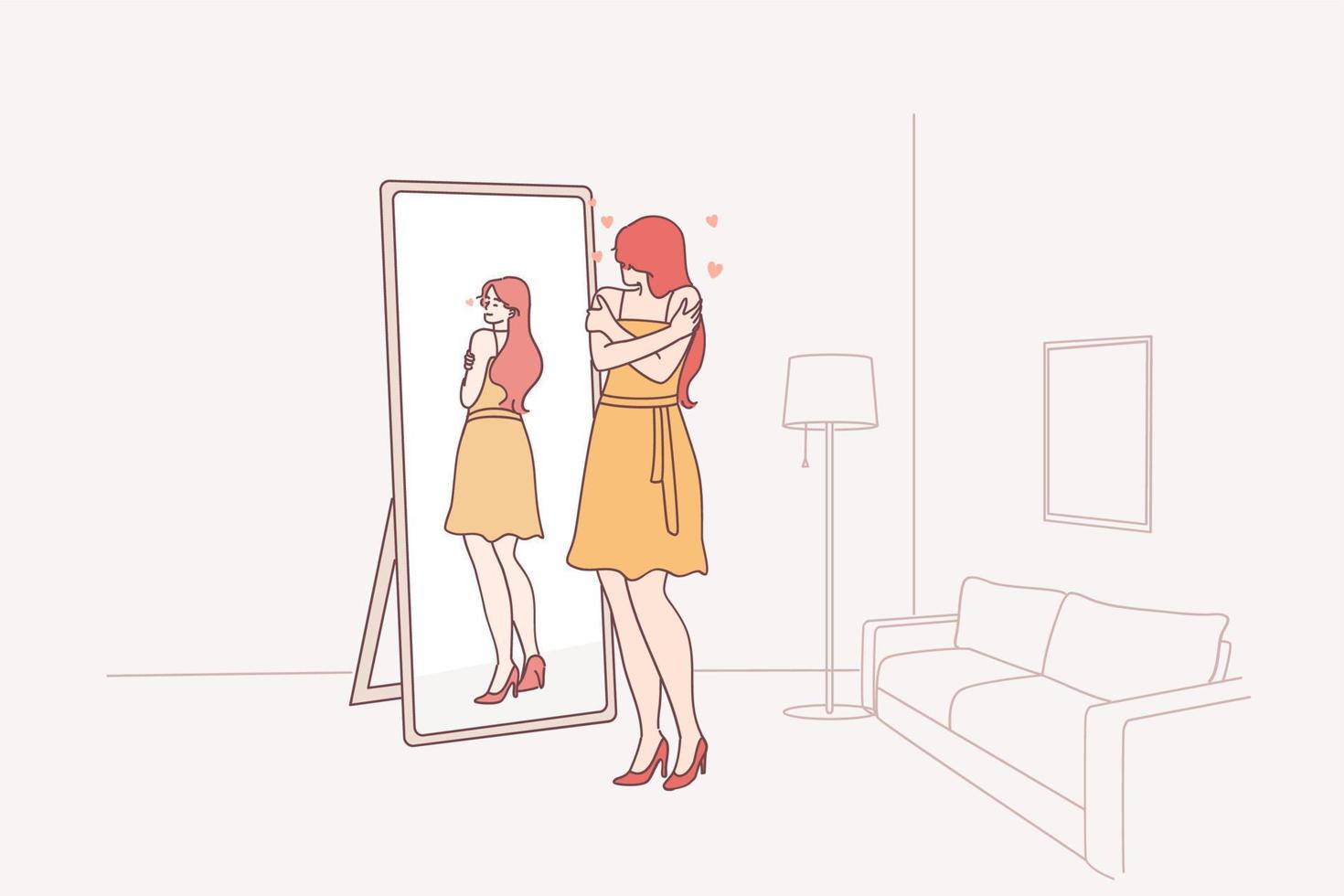 Self love, self esteem concept. Narcissist woman cartoon character standing at mirror and looking at reflection feeling proud hugging herself vector illustration