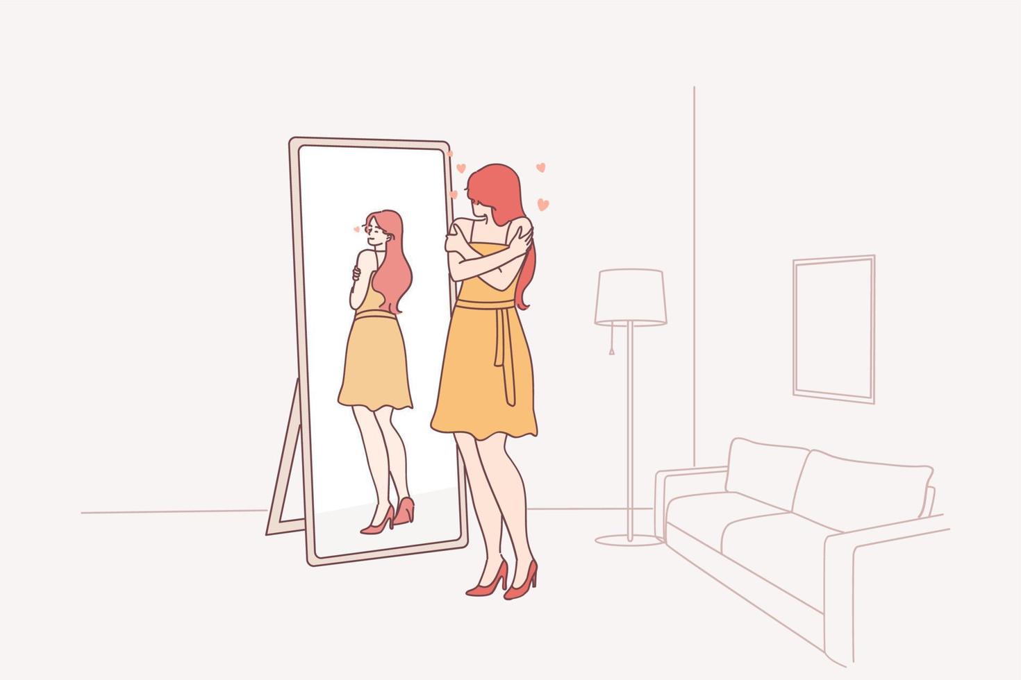 Self love, self esteem concept. Narcissist woman cartoon character standing at mirror and looking at reflection feeling proud hugging herself vector illustration