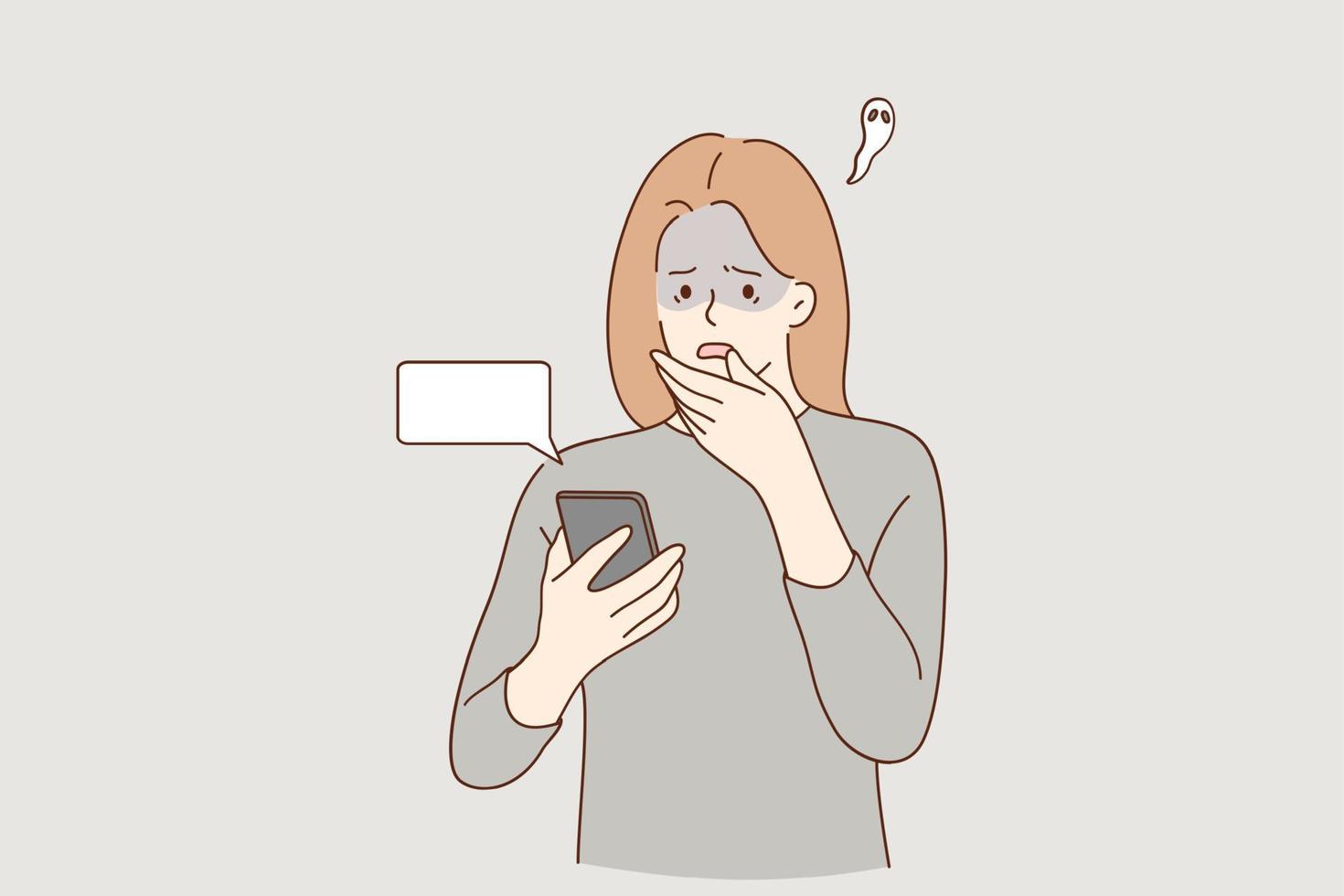 Frustration, broken phone, problems in communication concept. Worried concerned girl cartoon character looking at her phone screen cracked and shattered to pieces or feeling bad with message vector