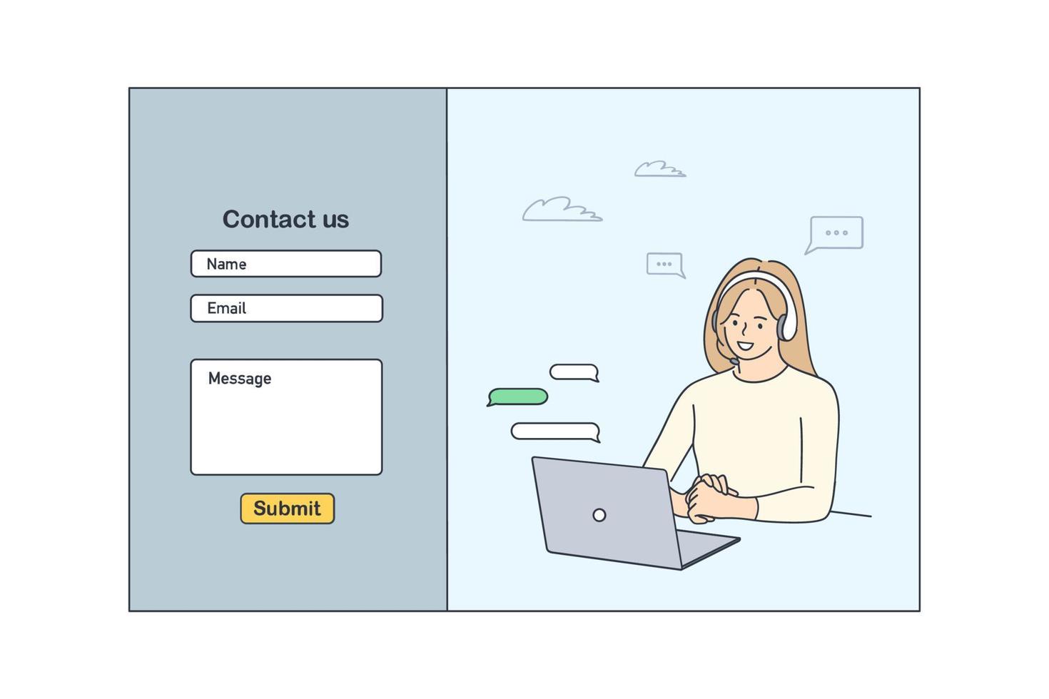 Contact us template form for web design concept. Young smiling woman customer service operator communicating with client at laptop. Helpdesk and customer support vector