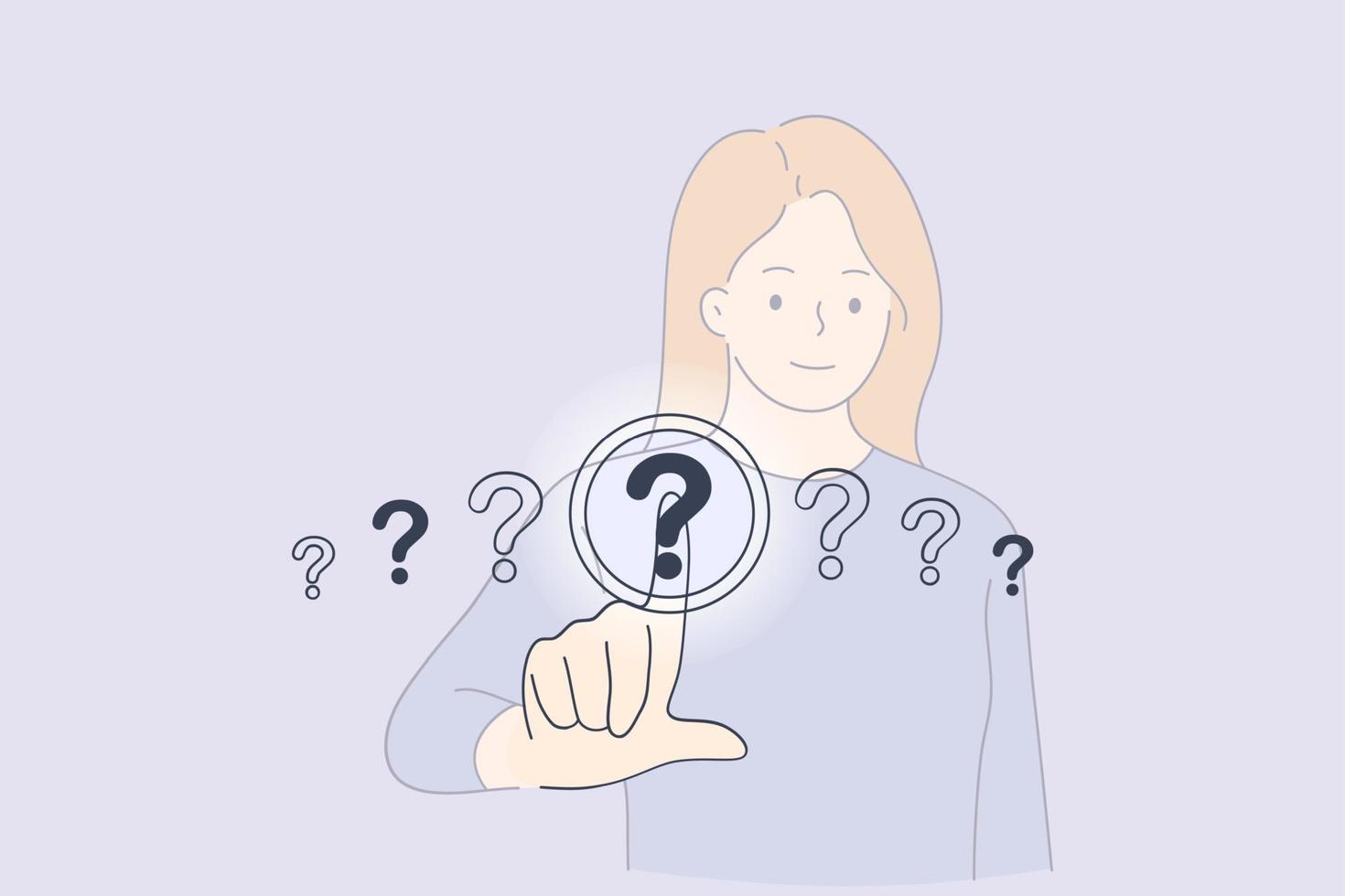 Question mark button concept. Young woman standing and choosing one of question marks touching with finger on screen vector illustration