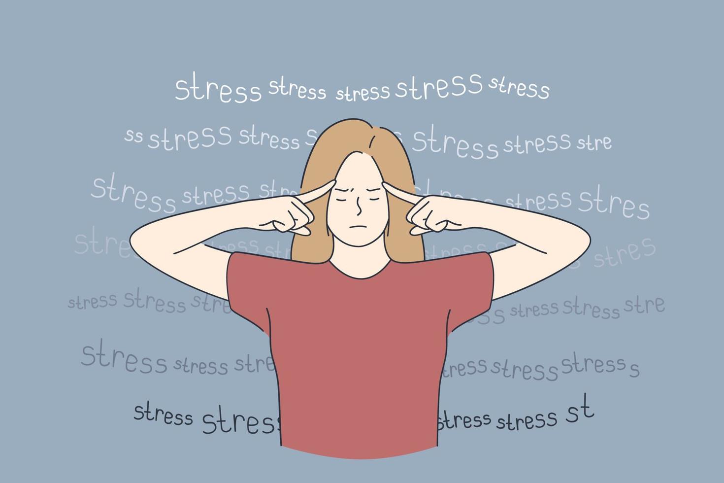 Stress, burnout, tiredness concept. Overworked exhausted young woman standing and touching temples with fingers feeing tired and burnt out vector illustration