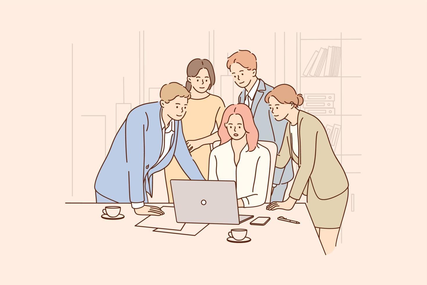 Teamwork, collaboration, business team concept. Group of positive business workers working together at laptop in office and discussing corporate projects and development of startup vector