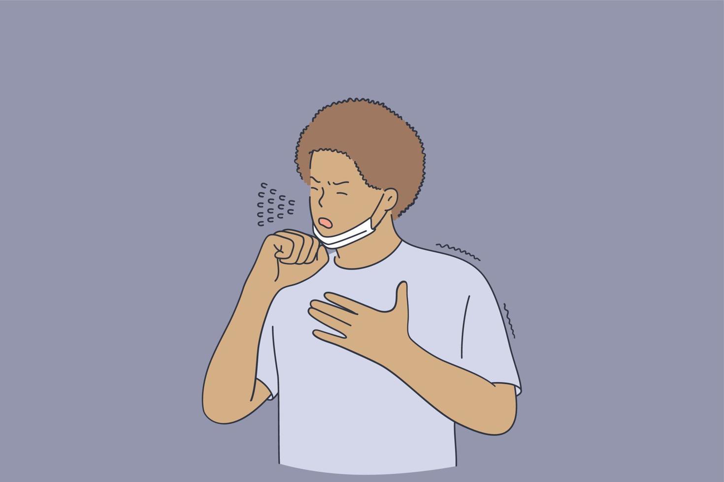 Influenza, fever, flu concept. Young black man coughing and feeling cold, coronavirus, getting infection virus during wearing medical protective mask outdoors. vector