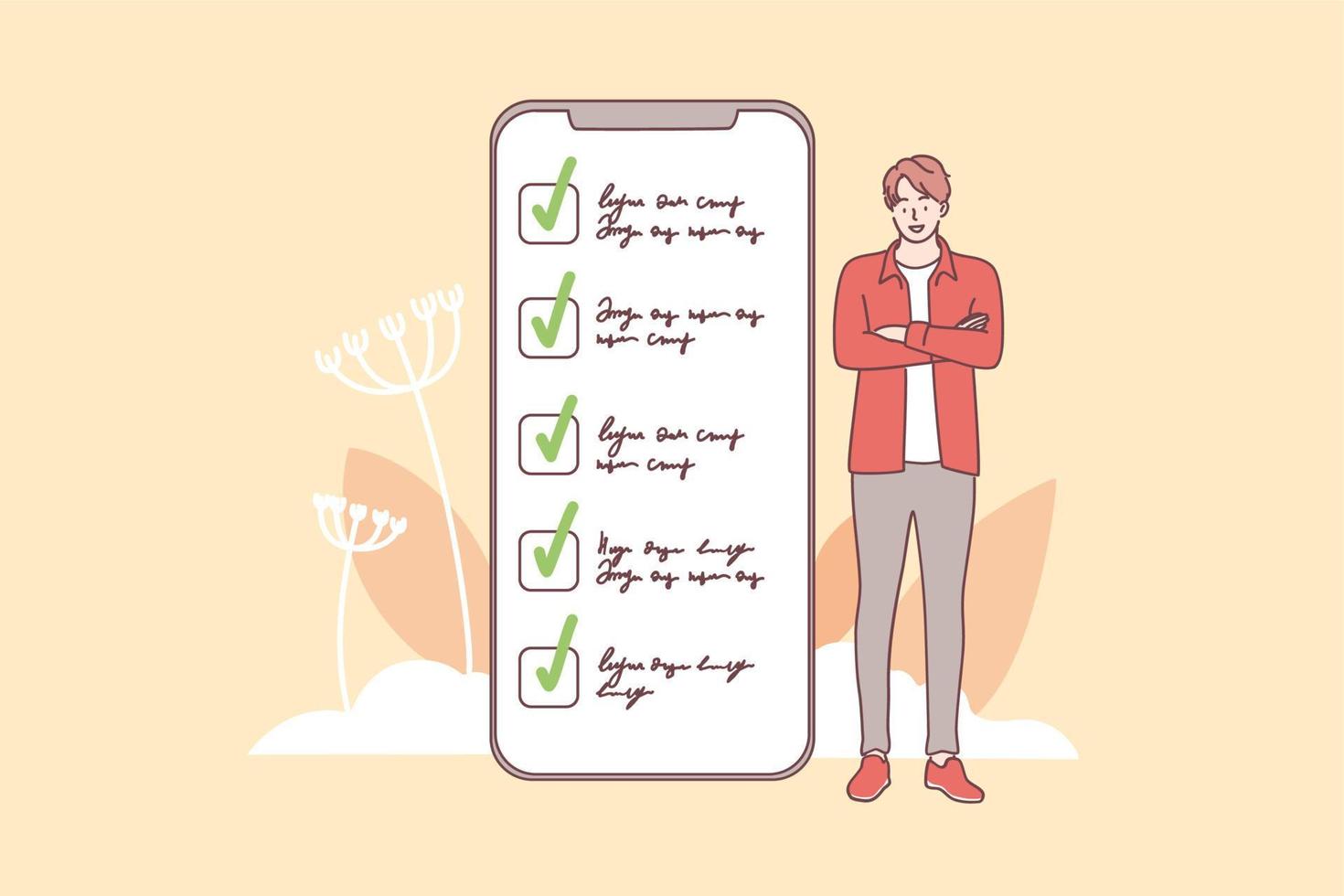 Successful task completion and time management concept. Young smiling man cartoon character standing near smartphone screen interface with completed tasks and duties vector illustration