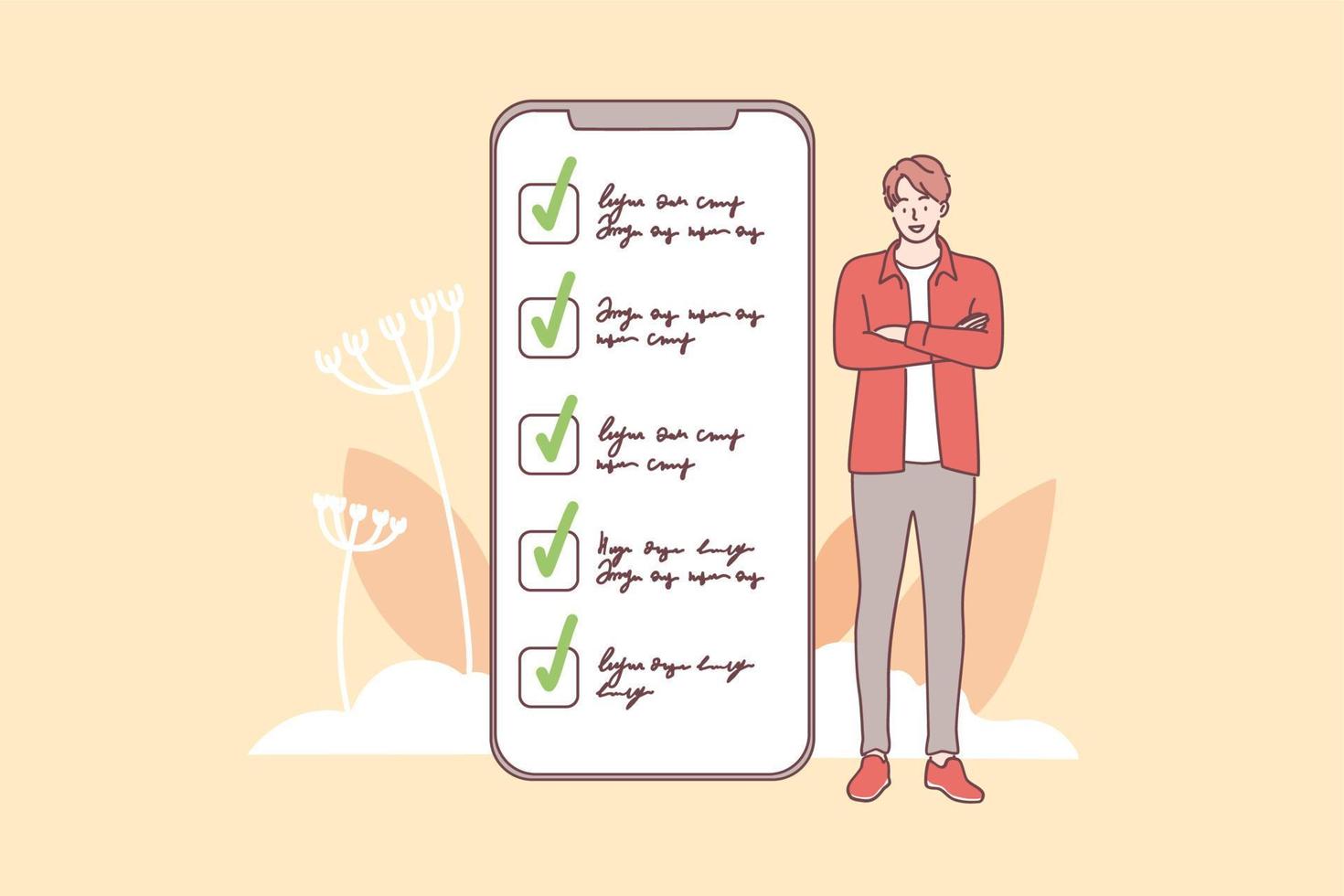 finalización exitosa de tareas y concepto de gestión del tiempo. joven personaje de dibujos animados de hombre sonriente parado cerca de la interfaz de la pantalla del teléfono inteligente con tareas y tareas completadas ilustración vectorial vector