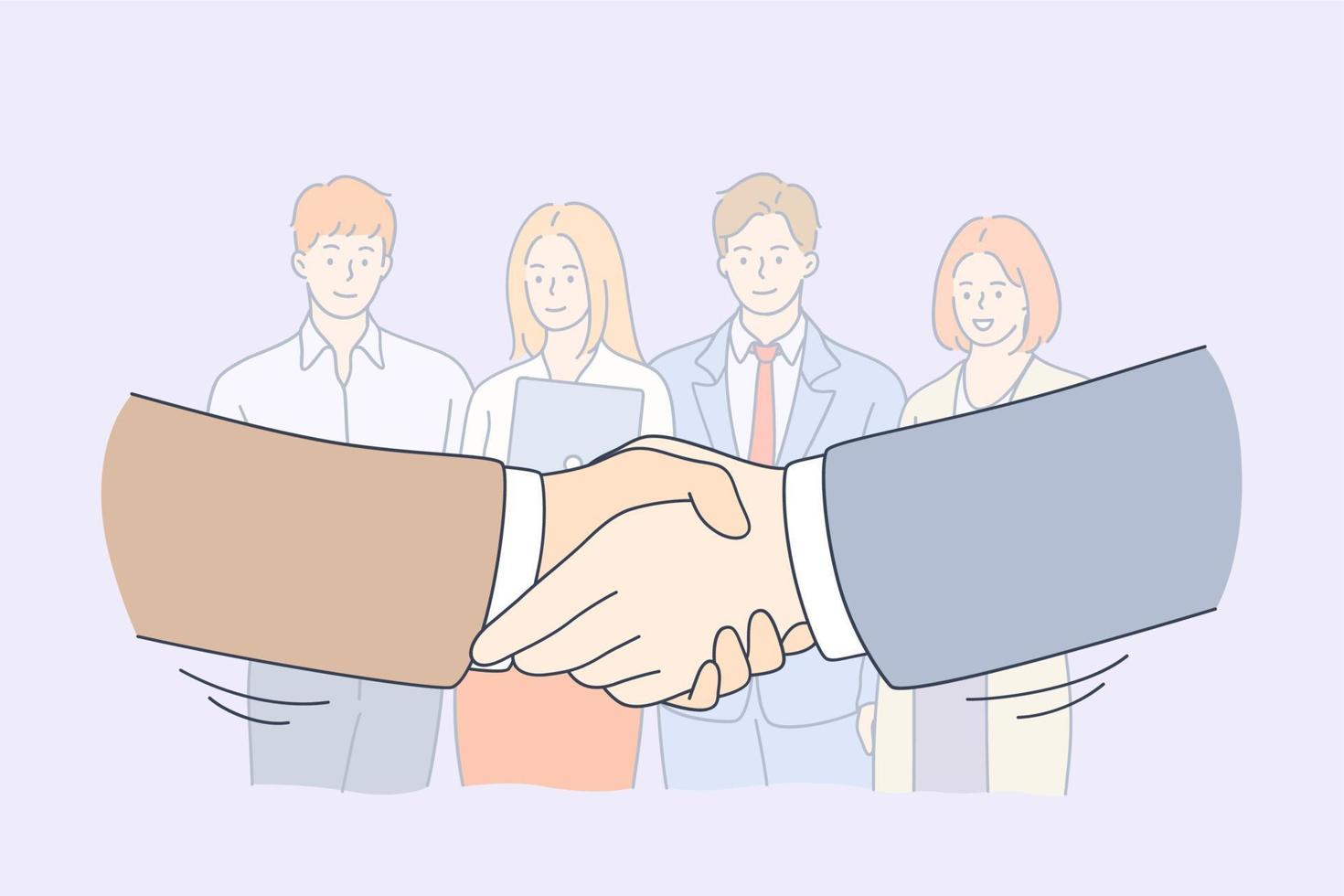 Handshake, partnership, business cooperation concept. Group of smiling young business workers colleagues standing and looking at shaking hands of head managers meaning collaboration in office vector