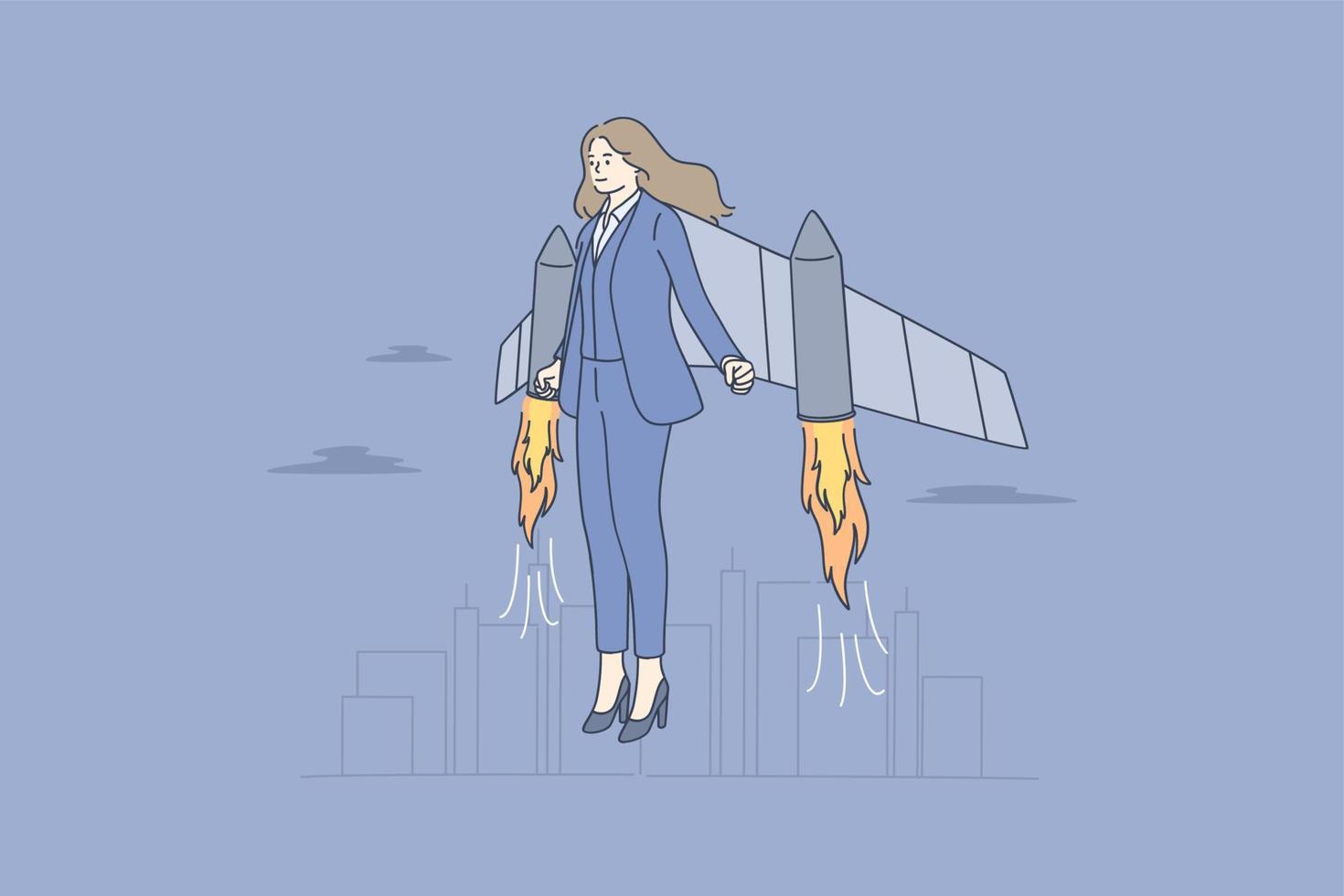 Businesswoman, successful career, launching project concept. Businesswoman  cartoon character with jetpack feeling ready to start meaning successful ideas  project and business launching 15929046 Vector Art at Vecteezy