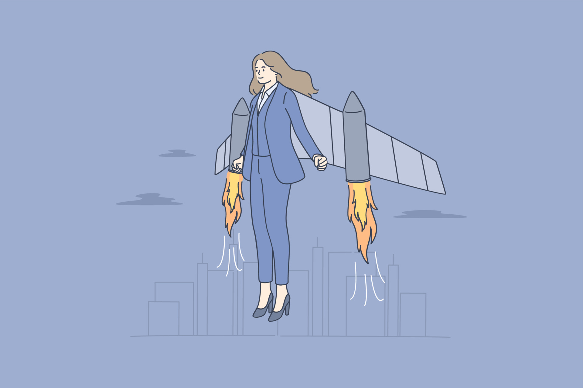 Businesswoman, successful career, launching project concept. Businesswoman  cartoon character with jetpack feeling ready to start meaning successful  ideas project and business launching 15929046 Vector Art at Vecteezy