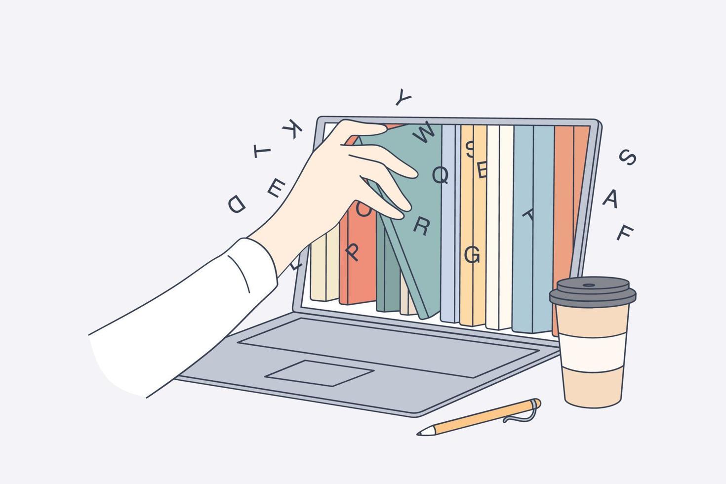Online library, education in internet concept. Human hand taking e-book from Laptop screen with different books and literature in electronic type for learning and reading vector illustration