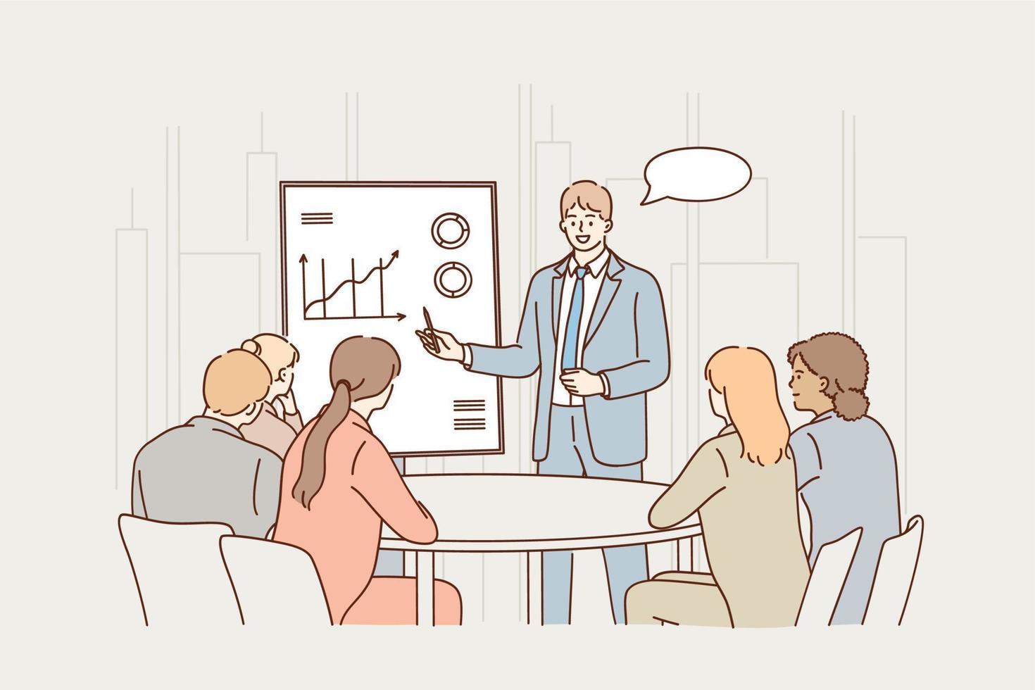 Business meeting, presentation, coaching concept. Group of young business workers partners sitting in office and listening to businessman colleague presentation on marketing data development vector