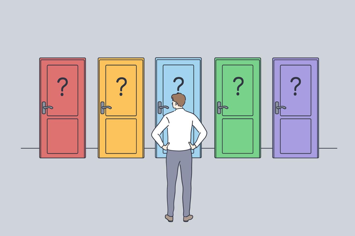 Hard decision, success or failure concept. Businessman standing backwards in front of colourful doors trying to choose one thinking of unknown future and opportunities illustration vector