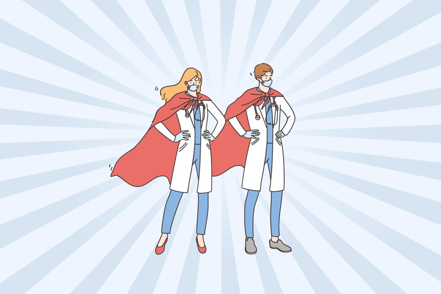 Doctors heroes during COVID-10 concept. Young couple man and woman super doctors wearing wearing medical face masks and capes standing and feeling confident during epidemic illustration vector