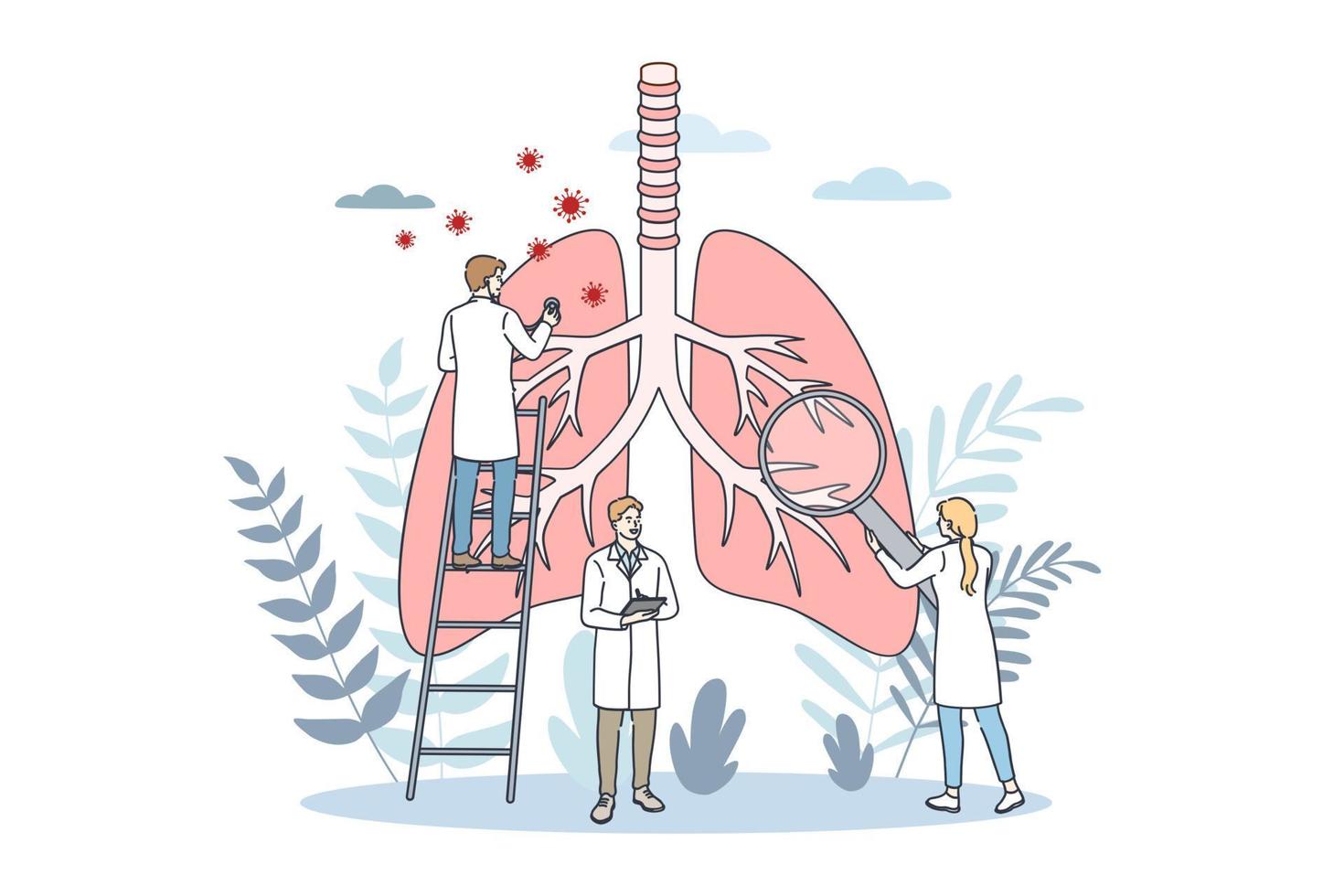 Pulmonology and lungs healthcare concept. Young doctors cartoon characters in white uniform examining lungs and respiratory system for Internal organ inspection check for illness, disease or problems vector