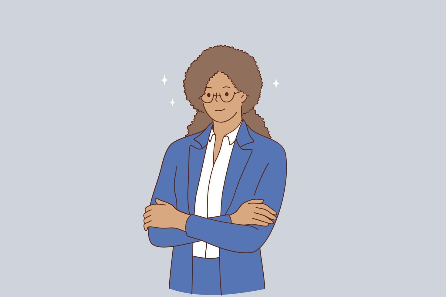 concepto de mujer de negocios exitosa. retrato de una joven trabajadora afroamericana sonriente con traje azul y anteojos de pie con las manos cruzadas mirando la ilustración de la cámara vector