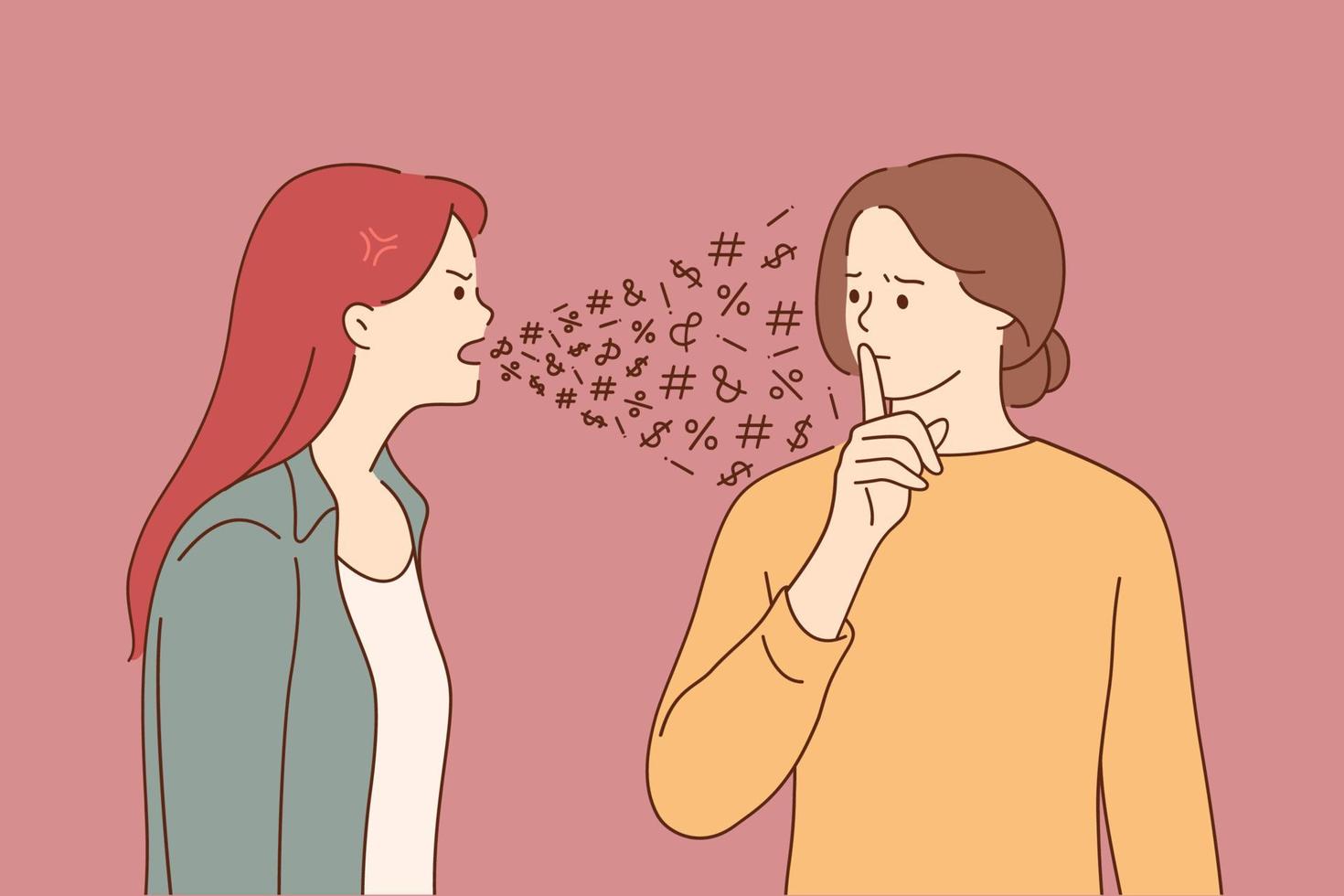 problemas mentales, trastorno, concepto de personalidad dividida. personaje de caricatura de una joven enojada gritando a otra su personalidad con el dedo en los labios gesto que significa silencio con emoción negativa vector