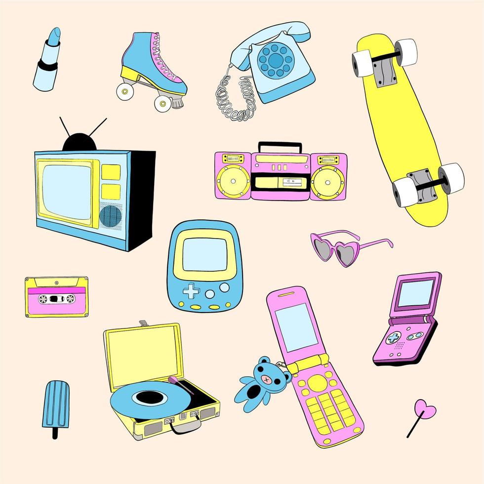 colección de elementos de los años 80-90. patines, cassette, patineta, grabadora, tv, gafas de sol, teléfono. impresión de la vieja escuela. ilustración de vector de garabato aislado