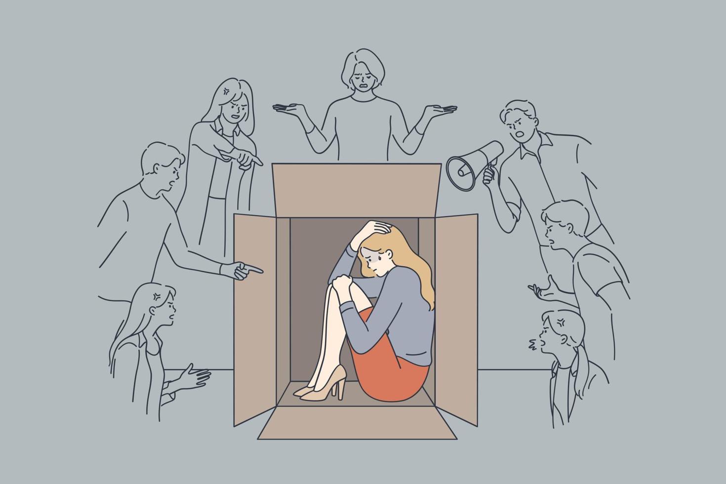 Pressure, bad emotions, desperate state concept. Unhappy stressed scared businesswoman sitting hiding inside box with negative human emotions feeling pressure and negative attitude from people vector