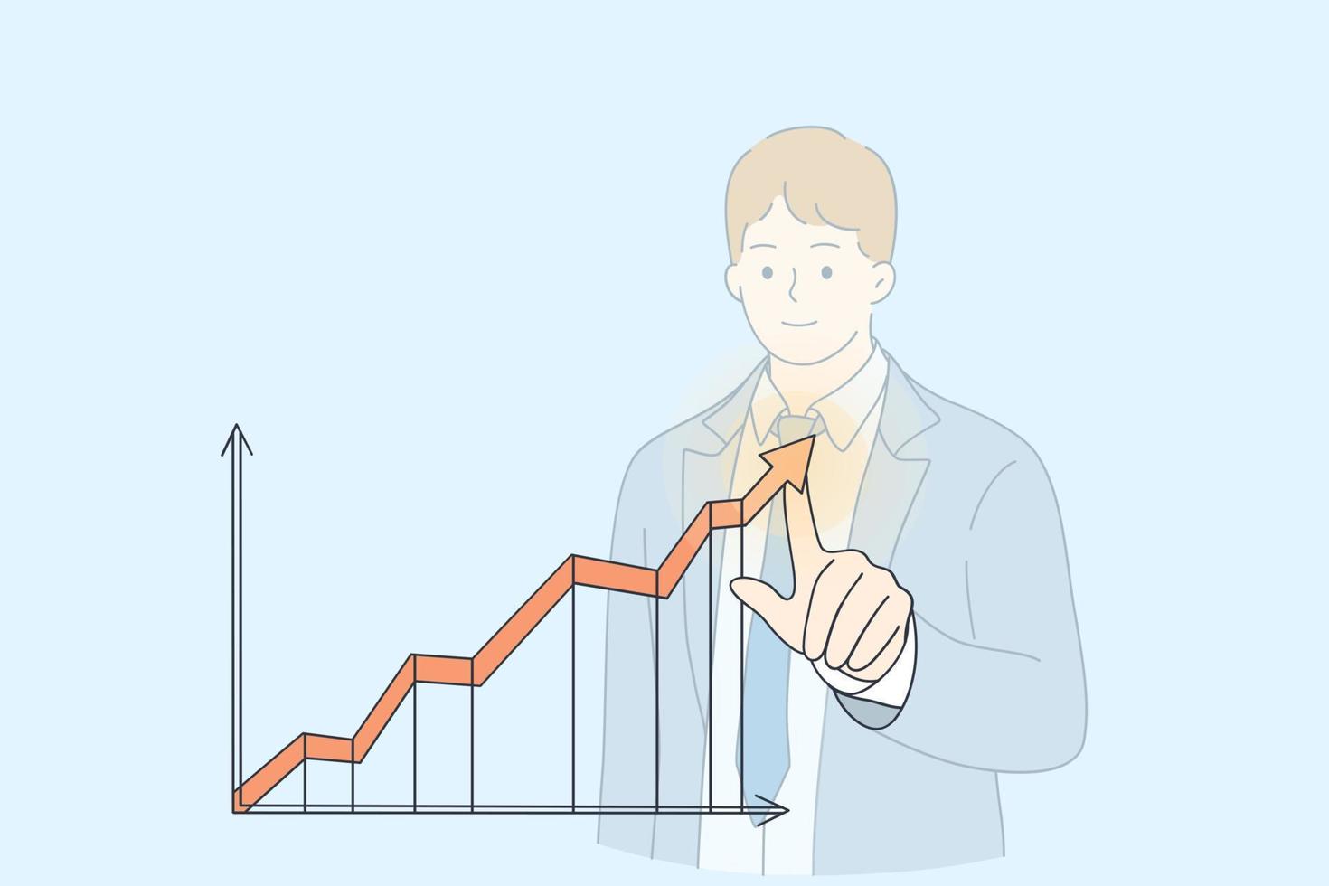 Business success, development, growth concept. Young businessman cartoon character pointing arrow graph corporate future growth plan feeling confident of business success illustration vector
