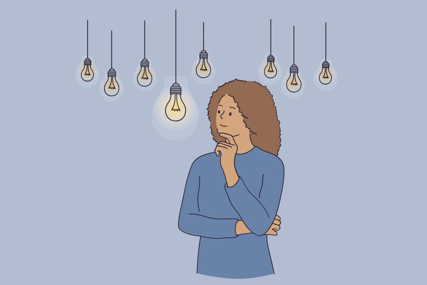 Innovation, creativity, new idea concept. Thoughtful young woman cartoon character standing holding hand under chin thinking for solution gathering ideas with many light bulbs around illustration vector