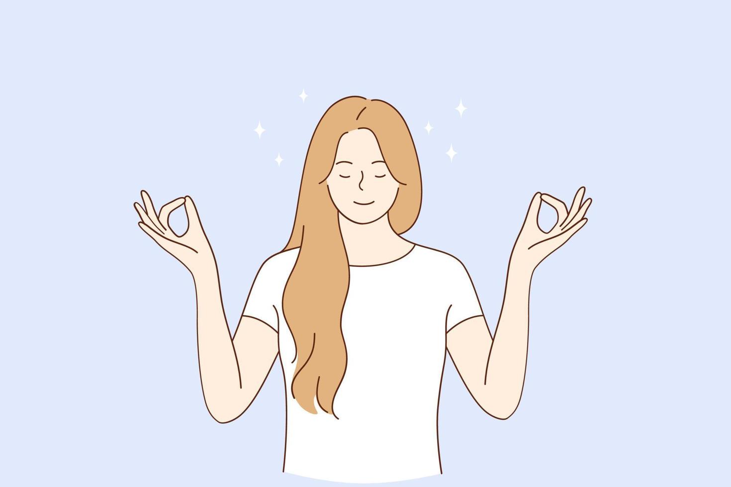 Healthy lifestyle, meditation, yoga concept. Young blonde smiling woman keeping eyes closed and meditating practicing peace of mind, keeping fingers in mudra gesture illustration vector