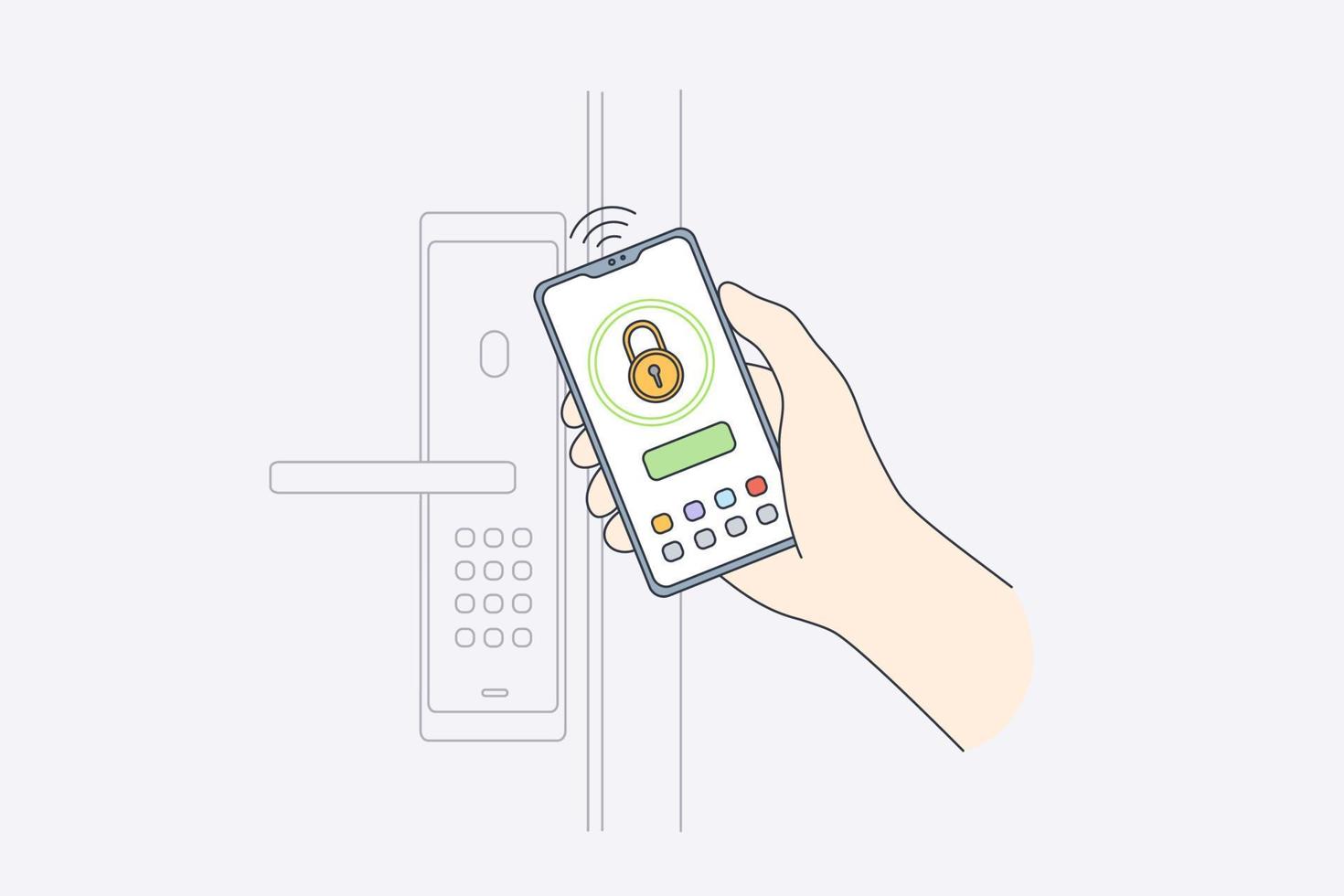Online mobile security system concept. Close-up of human hands controlling security of house with mobile app on smartphone, locking door online vector illustration