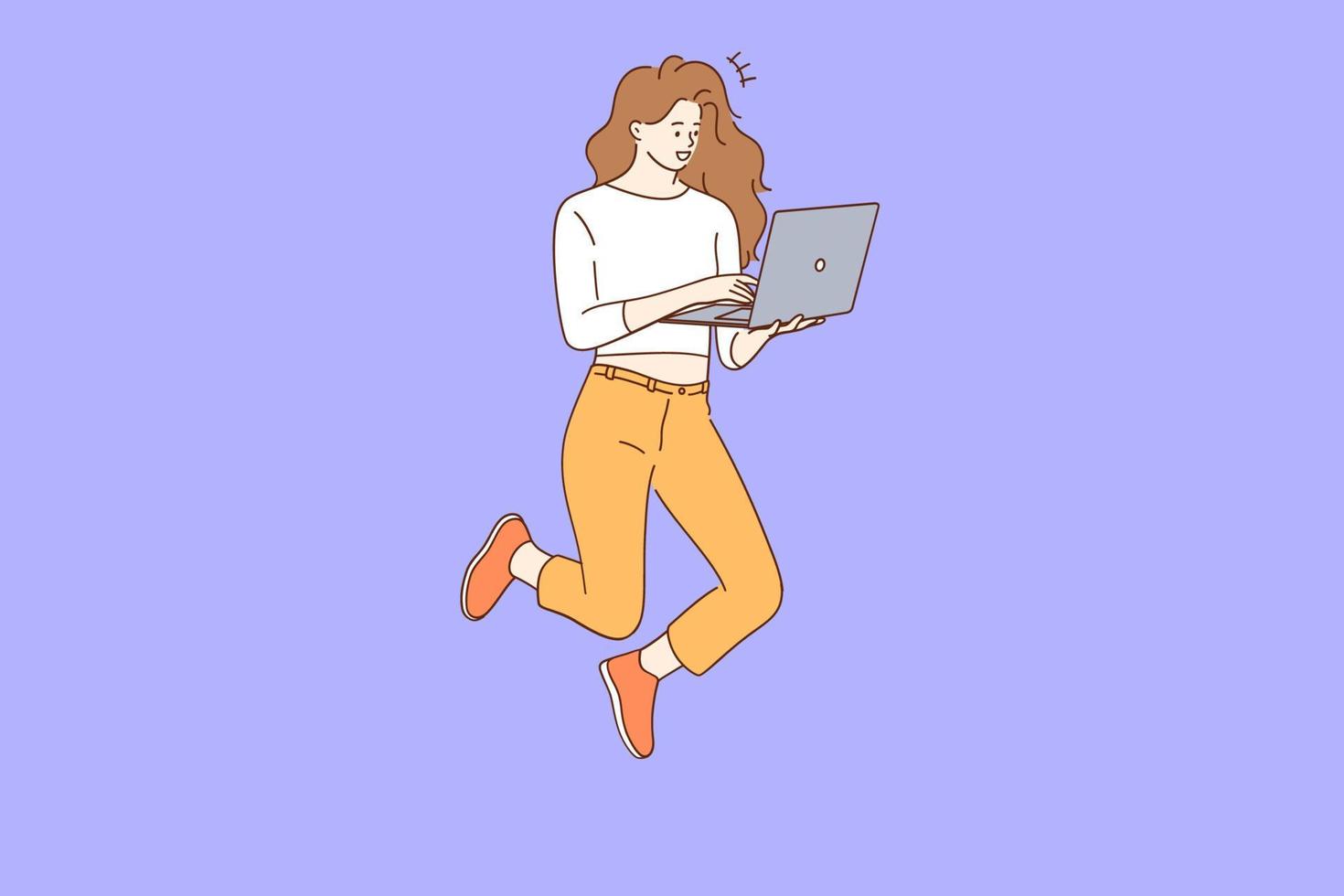 conexión en línea, tecnología, concepto de comunicación. joven mujer adolescente sonriente escribiendo en una laptop usando una camisa de mezclilla levitando en el aire sobre una ilustración de fondo azul vector