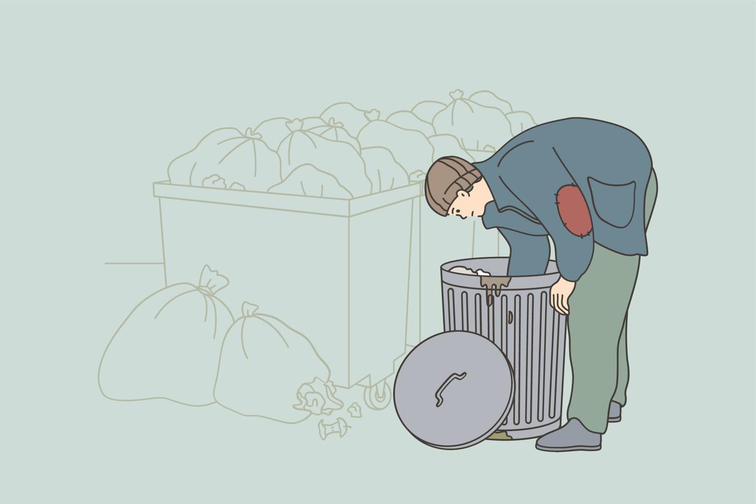 Homelessness and poverty concept. Homeless unemployed man in torn shabby clothes cartoon character searching for food in trash can on streets outdoors vector illustration