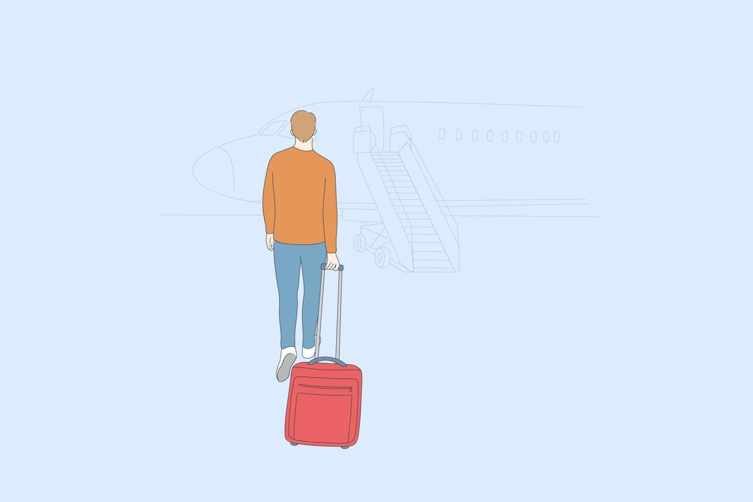 aerofobia y concepto de viaje en avión. joven con maleta caminando hacia atrás yendo al avión y sintiéndose asustado de volar ilustración vectorial vector